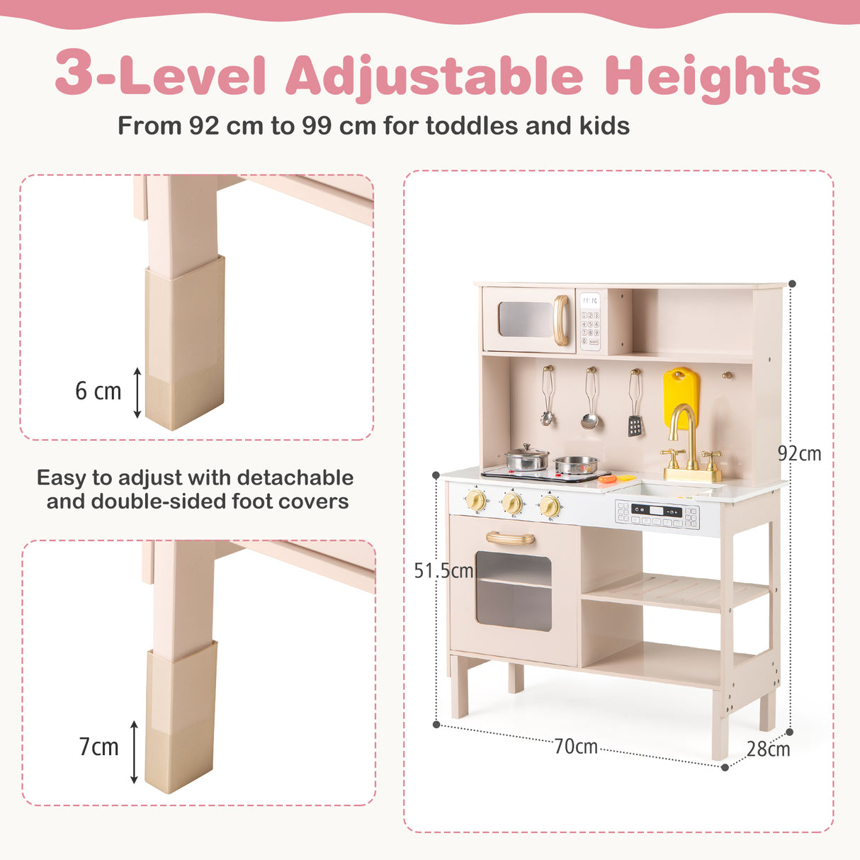 Children's play kitchen set with adjustable height features and dimensions.