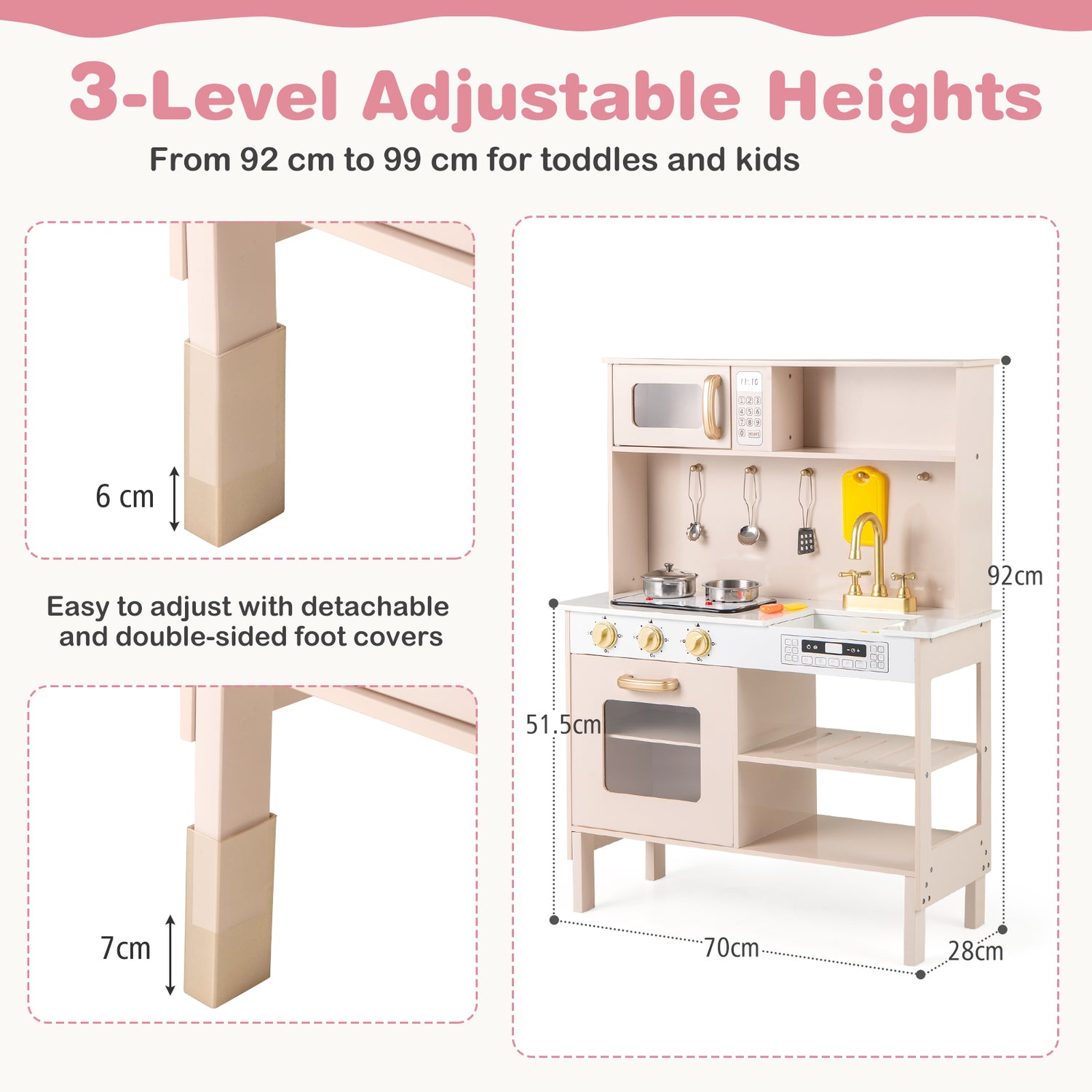 Children's play kitchen set with adjustable height features and dimensions.