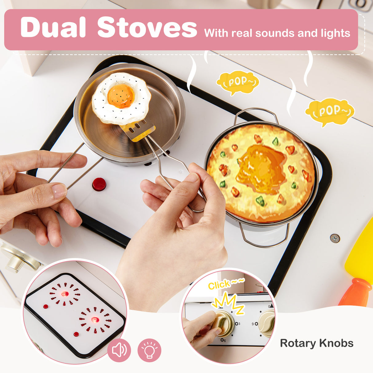 Dual stoves with real sounds and lights, featuring hands cooking an egg and a pan of food.
