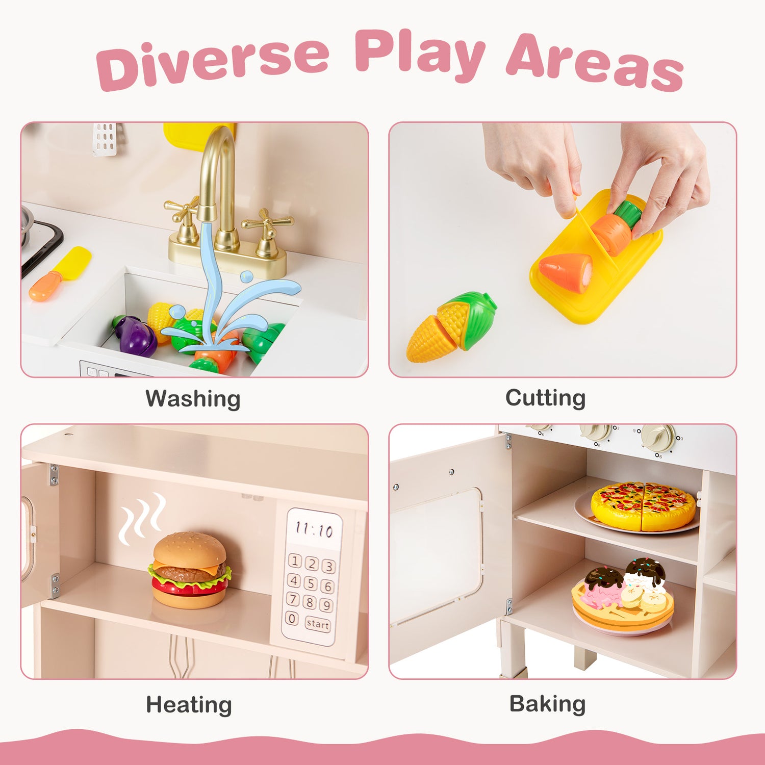 Play kitchen set with various activities including washing, cutting, heating, and baking.
