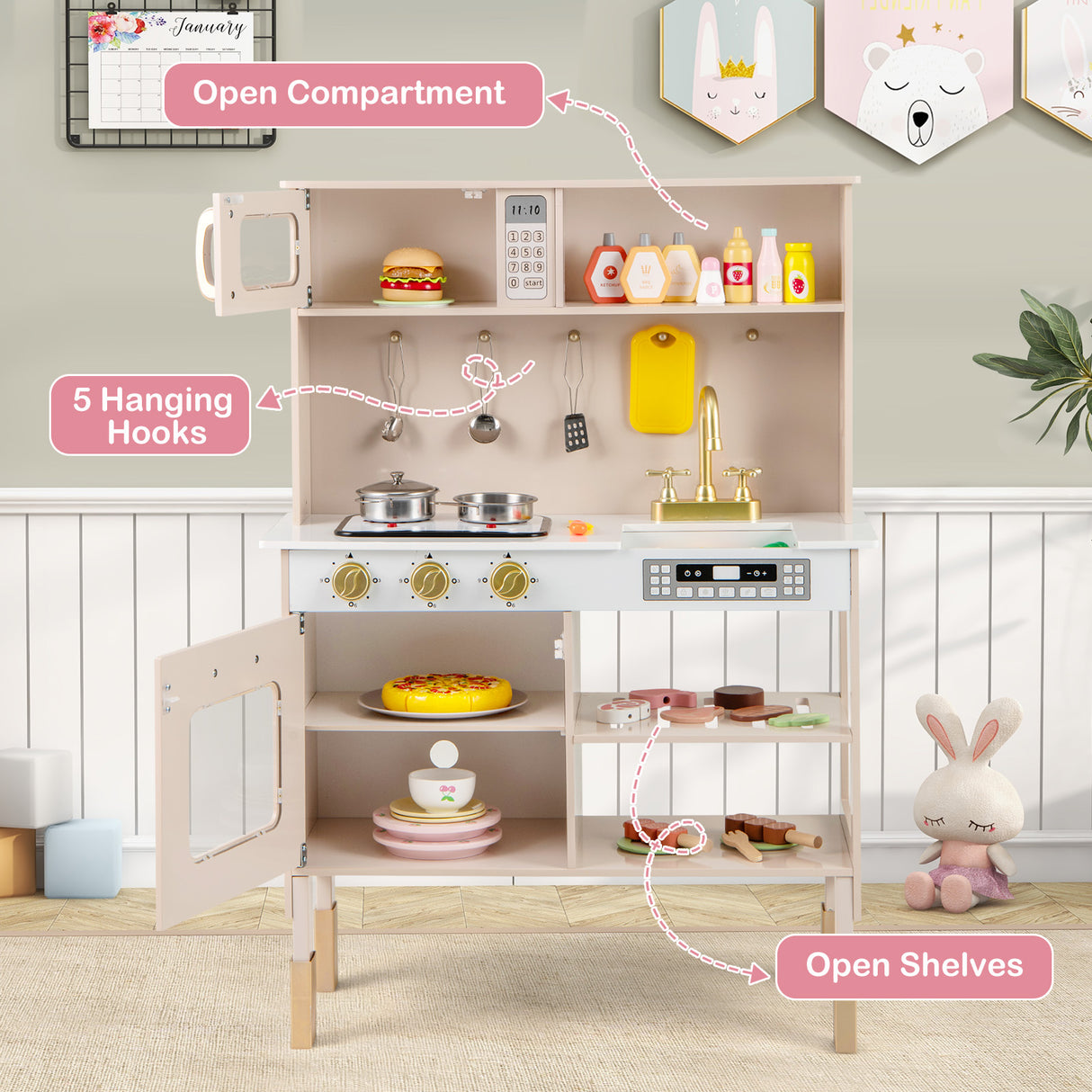 Children's play kitchen set with various accessories on shelves and open compartments.