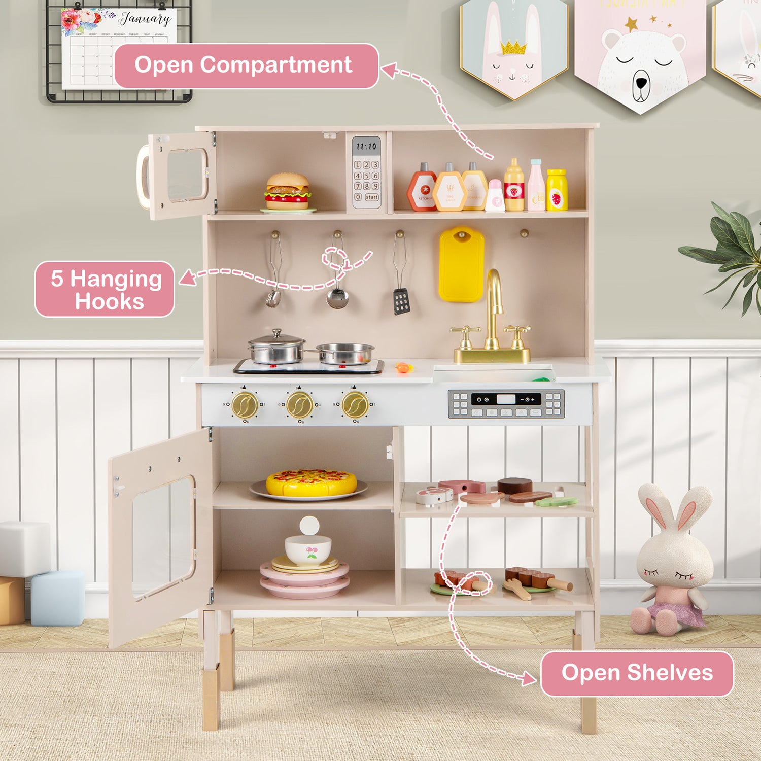 Children's play kitchen set with various accessories on shelves and open compartments.