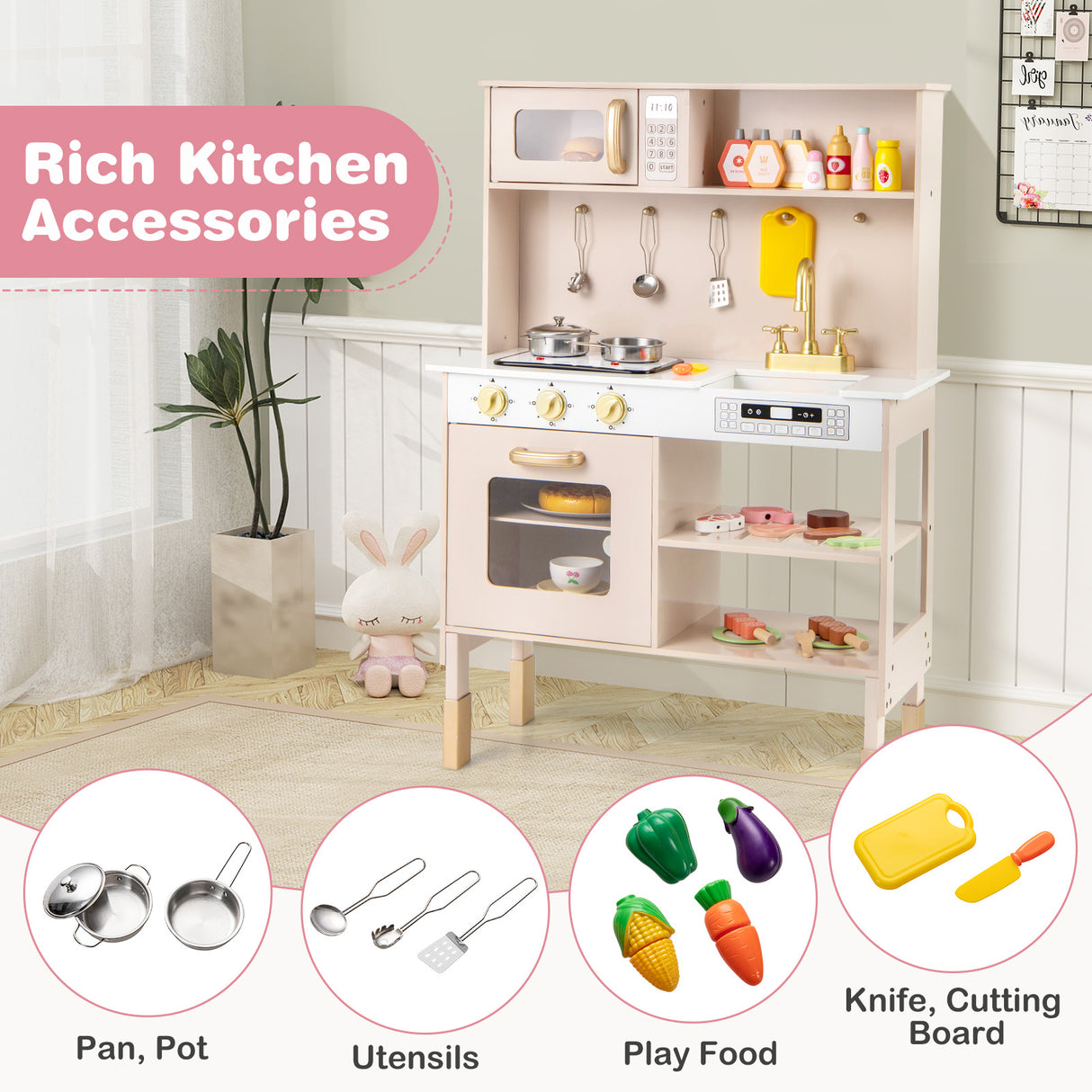 Children's play kitchen set with various accessories on a wooden floor.
