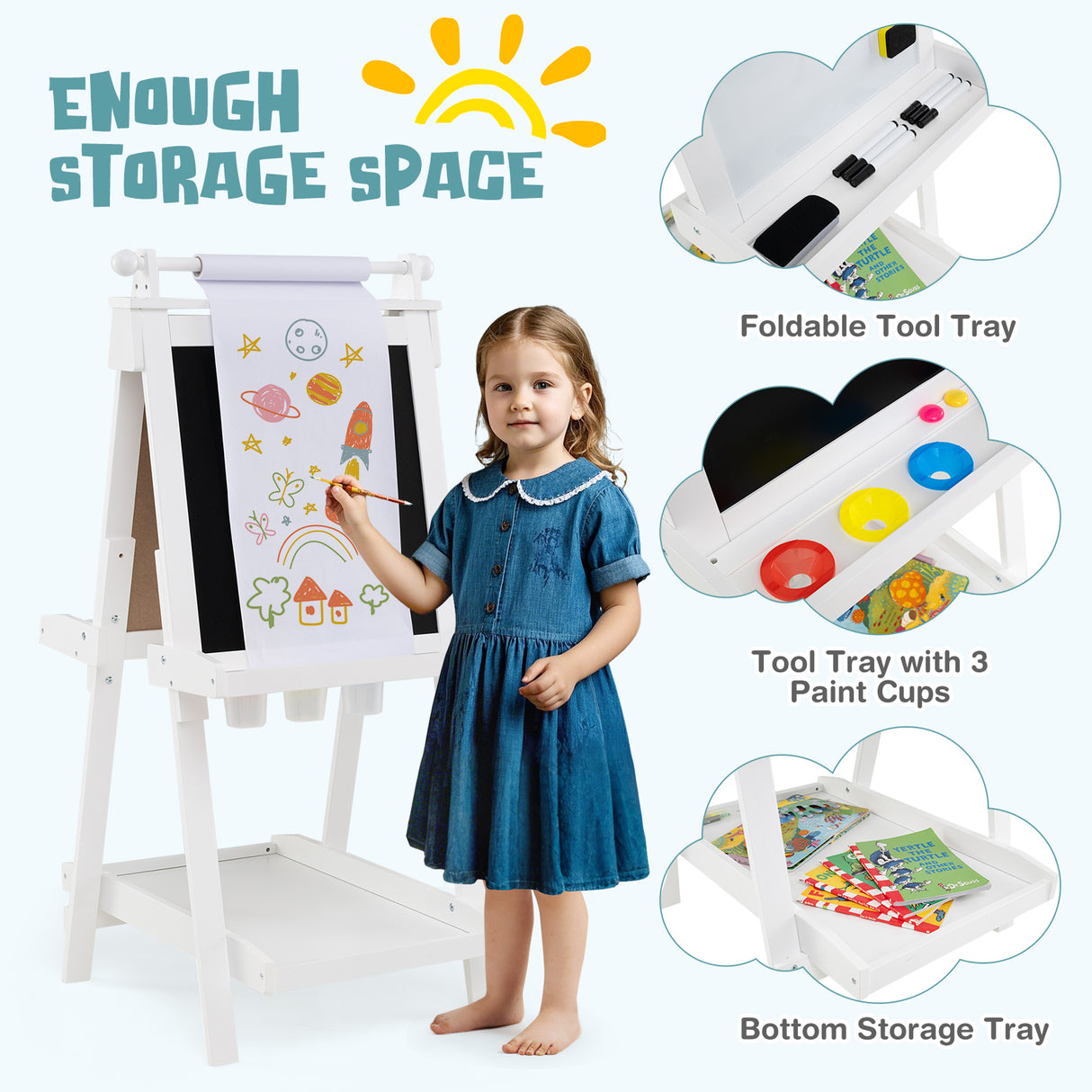 3-in-1 Double-sided Art Easel, Creative Art Center for 3+ Years Old Children