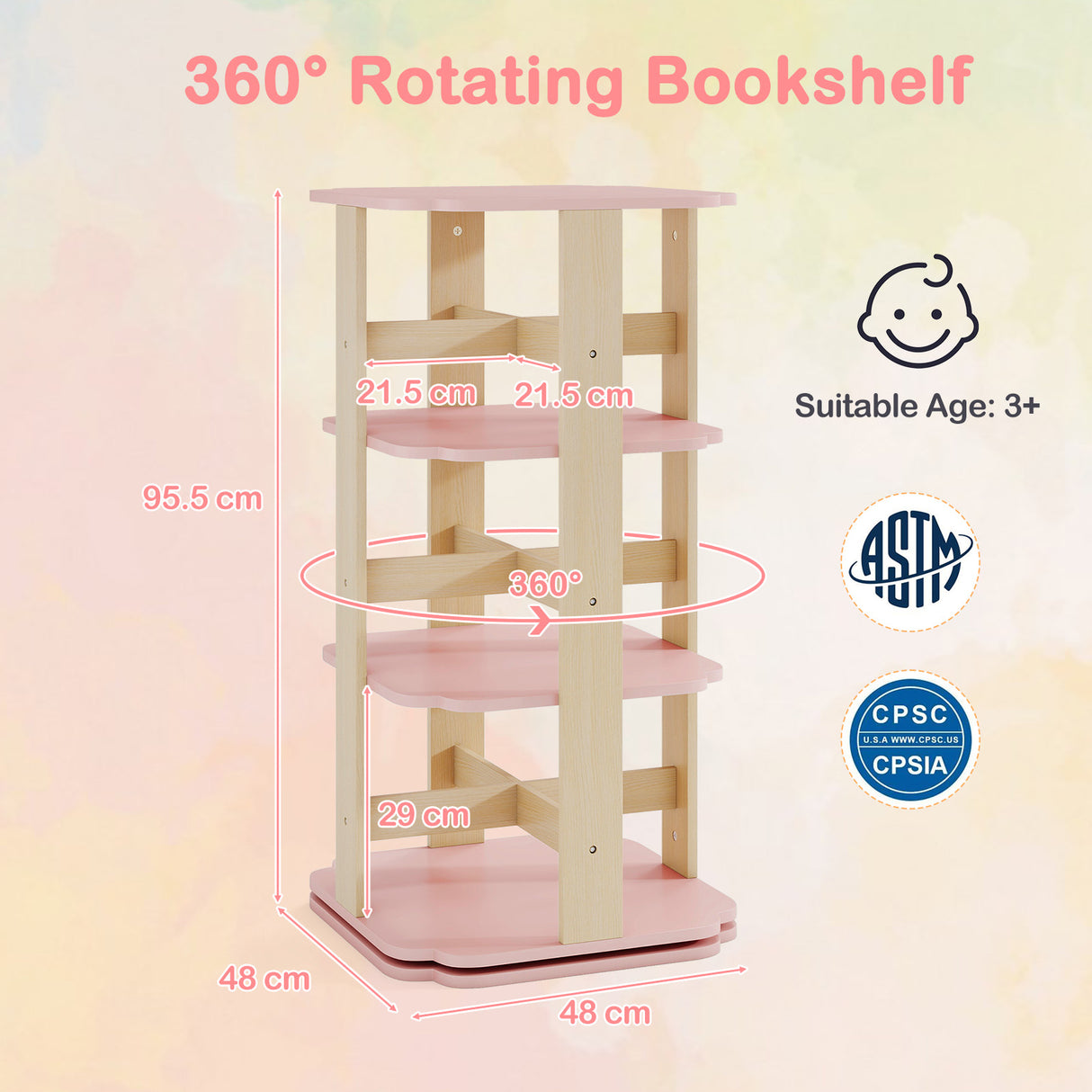 360° Spinning 3-Tier Kids Book Shelf Tower with 12 Sectors