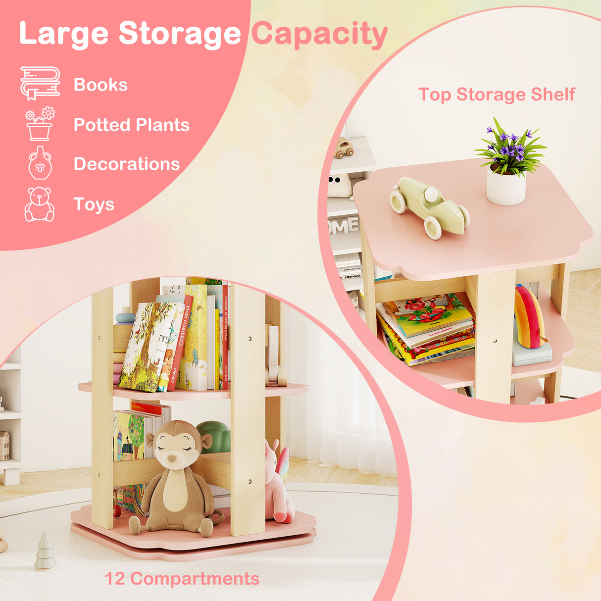 360° Spinning 3-Tier Kids Book Shelf Tower with 12 Sectors
