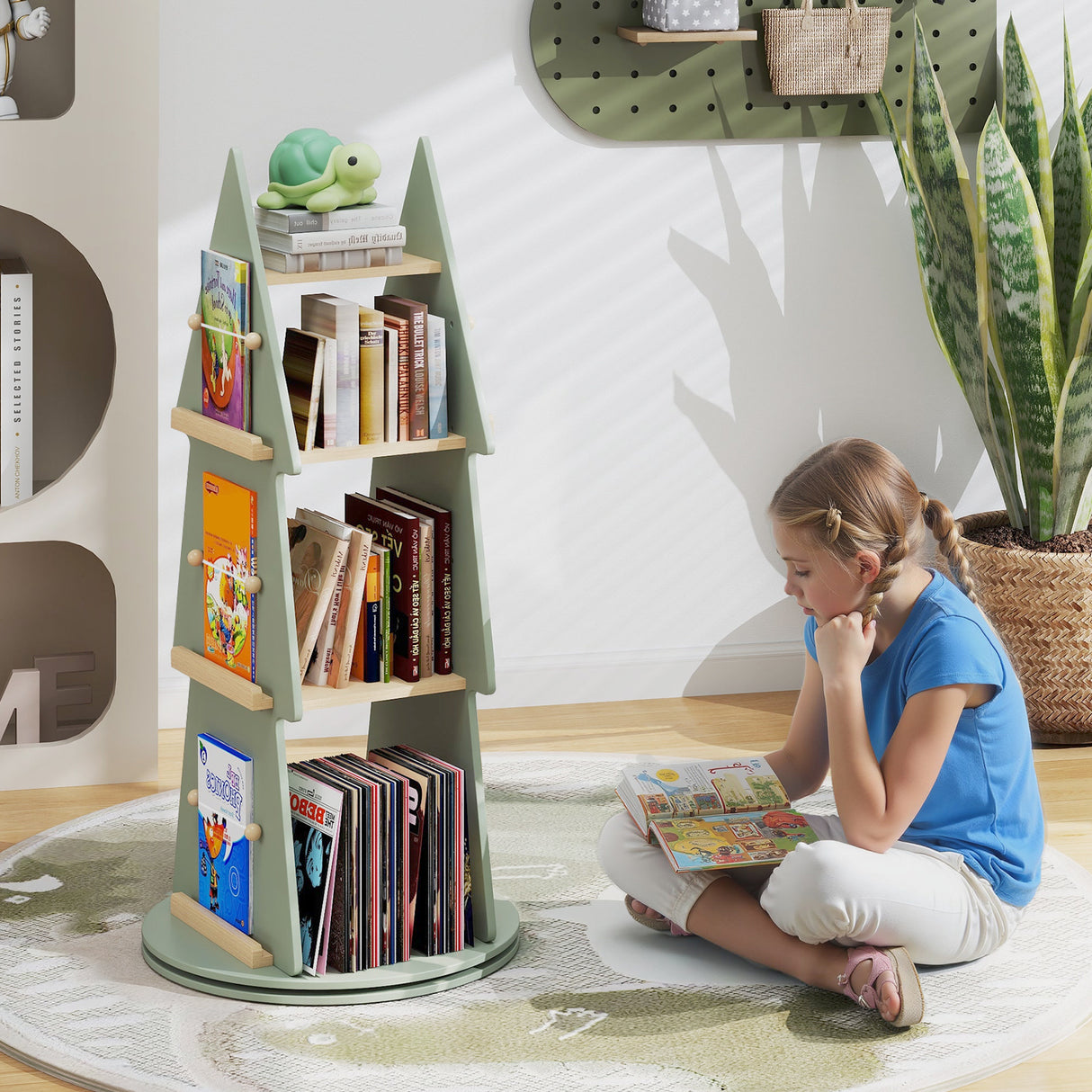 Baby Joy 4 Tier Tree Shape Revolving Bookcase, Freestanding 360° Display Rack Storage Organizer