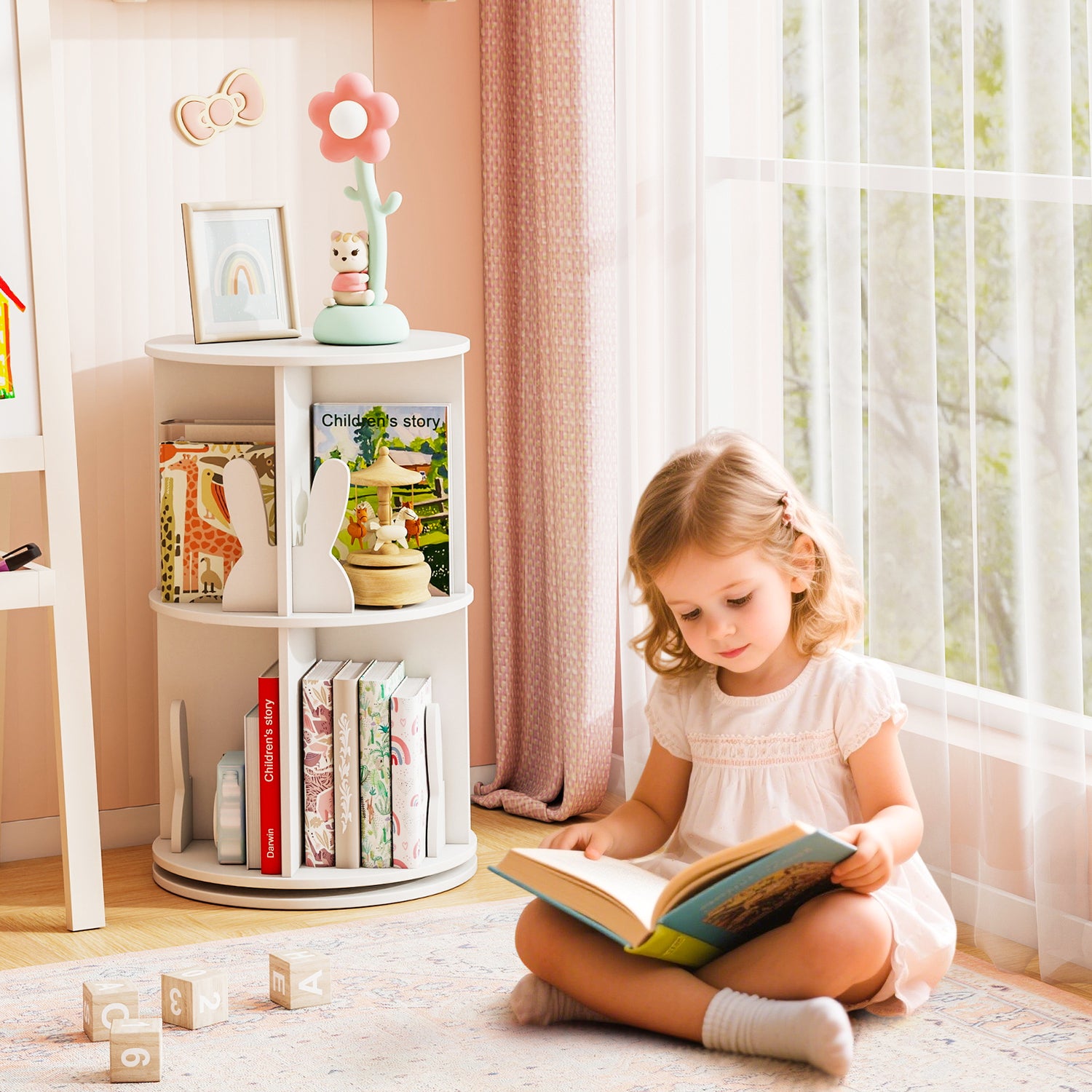 Kids Rotating Bookshelf, Cute 2-tier Kids Bookcase with Bookends & 8 Compartments