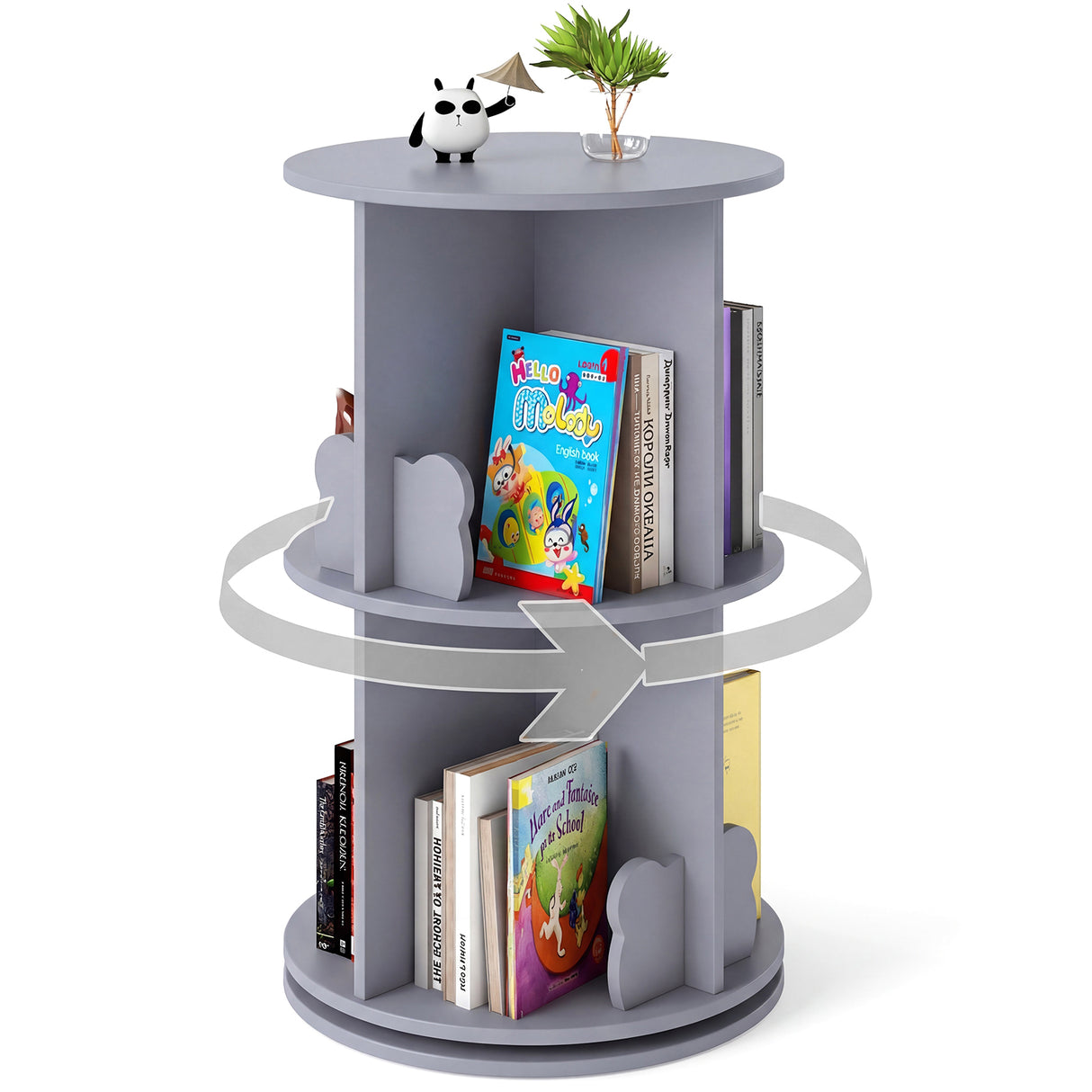 Kids Rotating Bookshelf, Cute 2-tier Kids Bookcase with Bookends & 8 Compartments