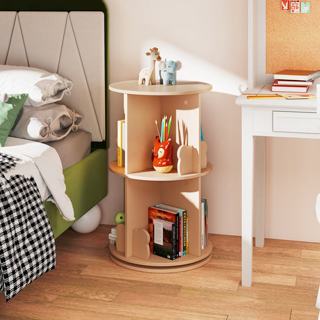 Kids Rotating Bookshelf, Cute 2-tier Kids Bookcase with Bookends & 8 Compartments