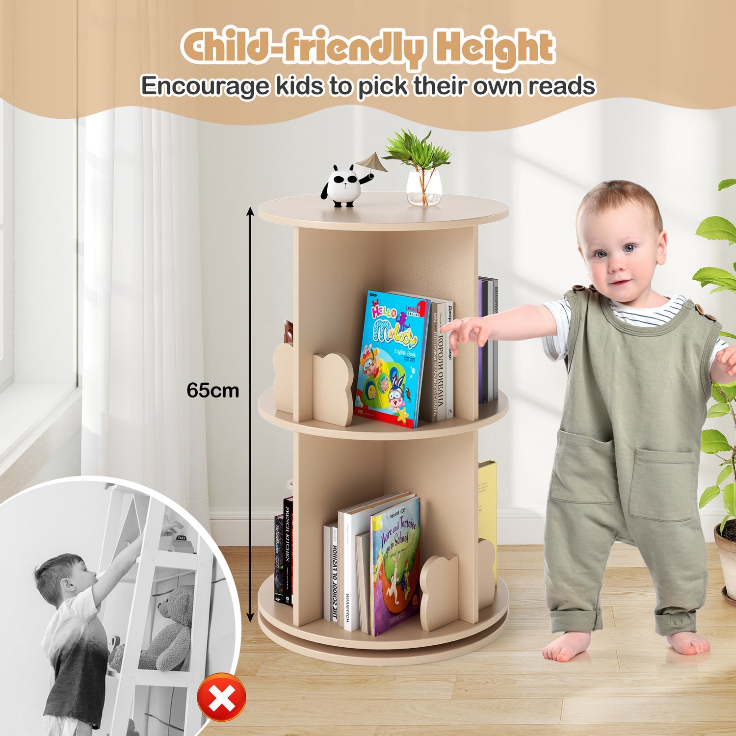 Kids Rotating Bookshelf, Cute 2-tier Kids Bookcase with Bookends & 8 Compartments