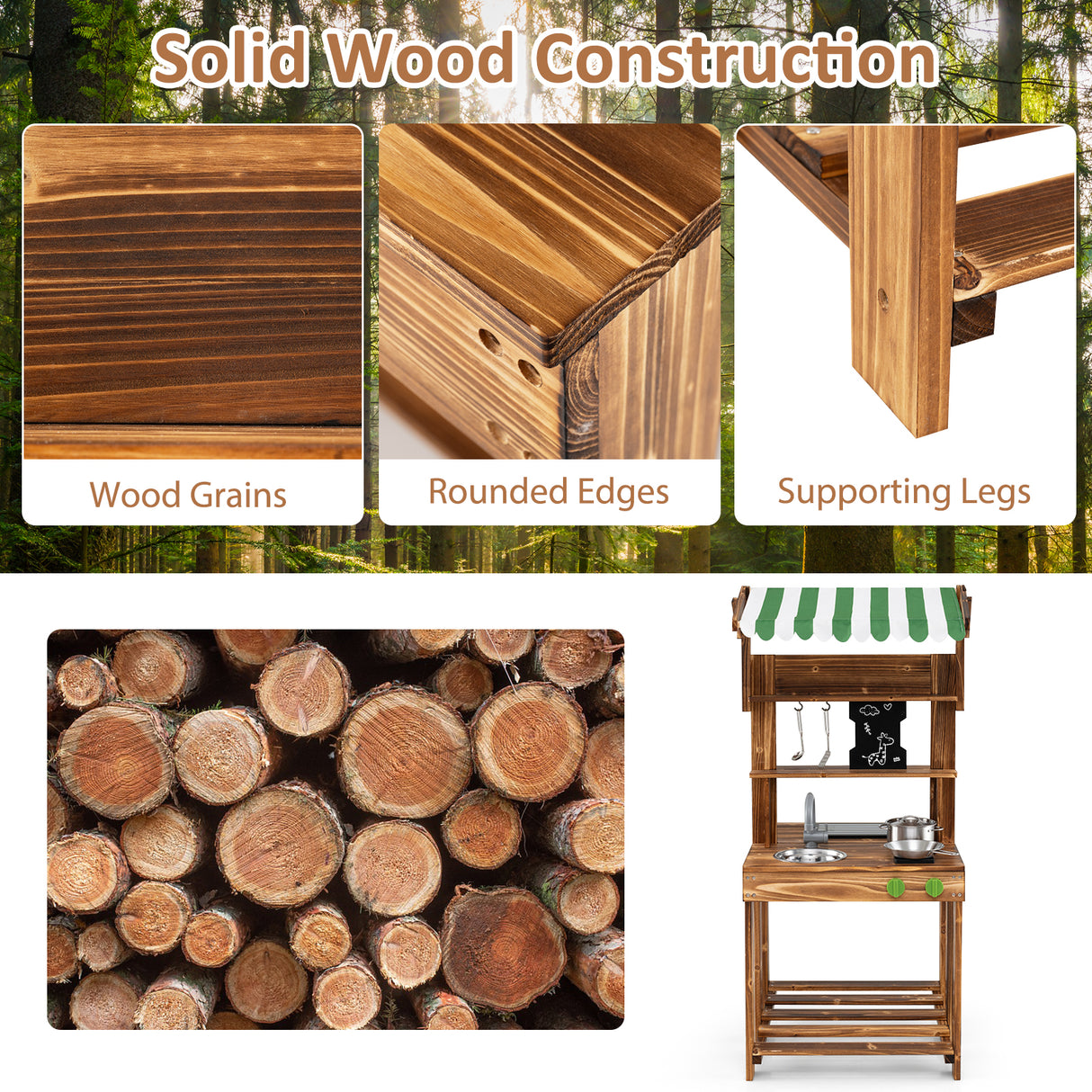 Double-Sided Mud Kitchen, Wooden Barbecue Grill Playset