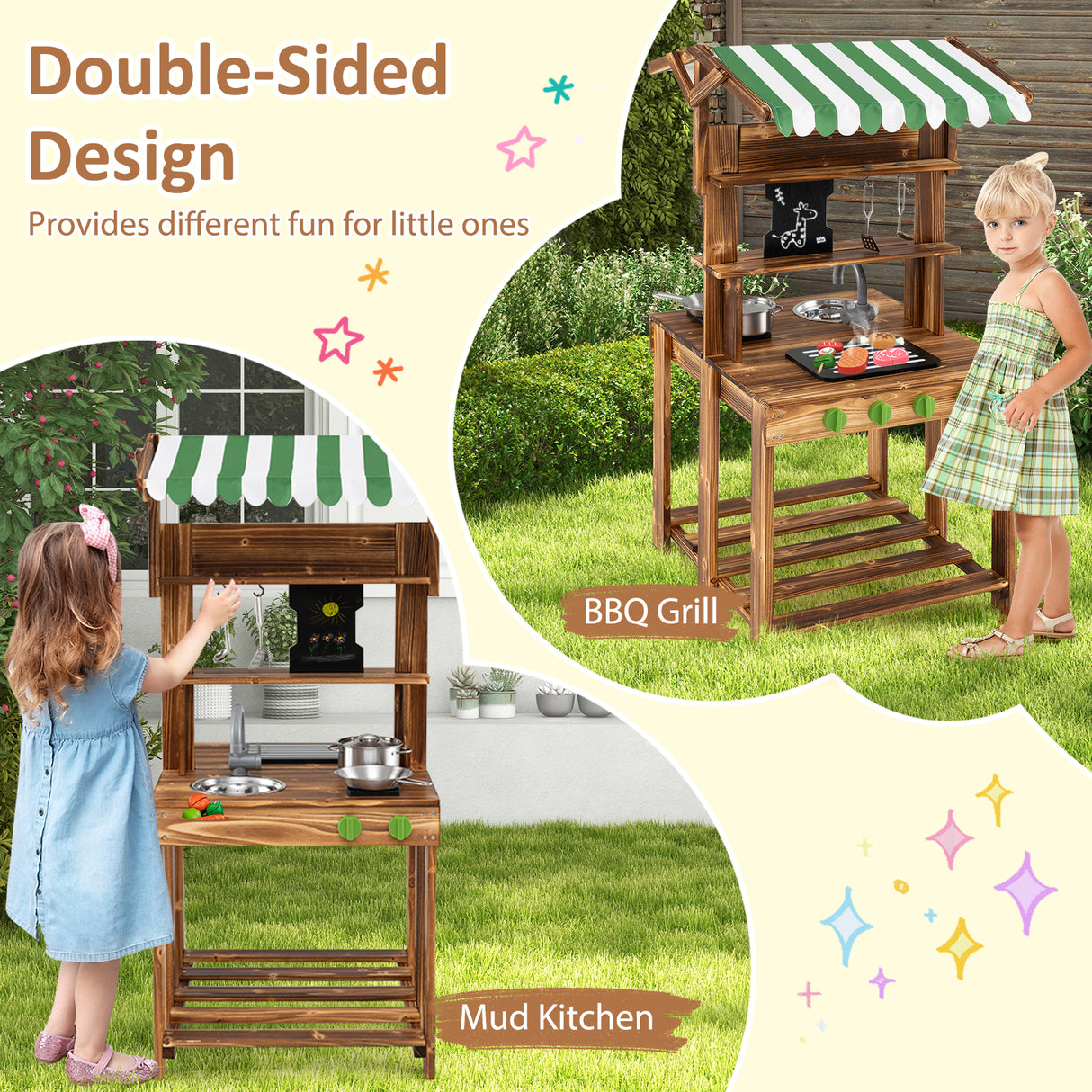 Double-Sided Mud Kitchen, Wooden Barbecue Grill Playset