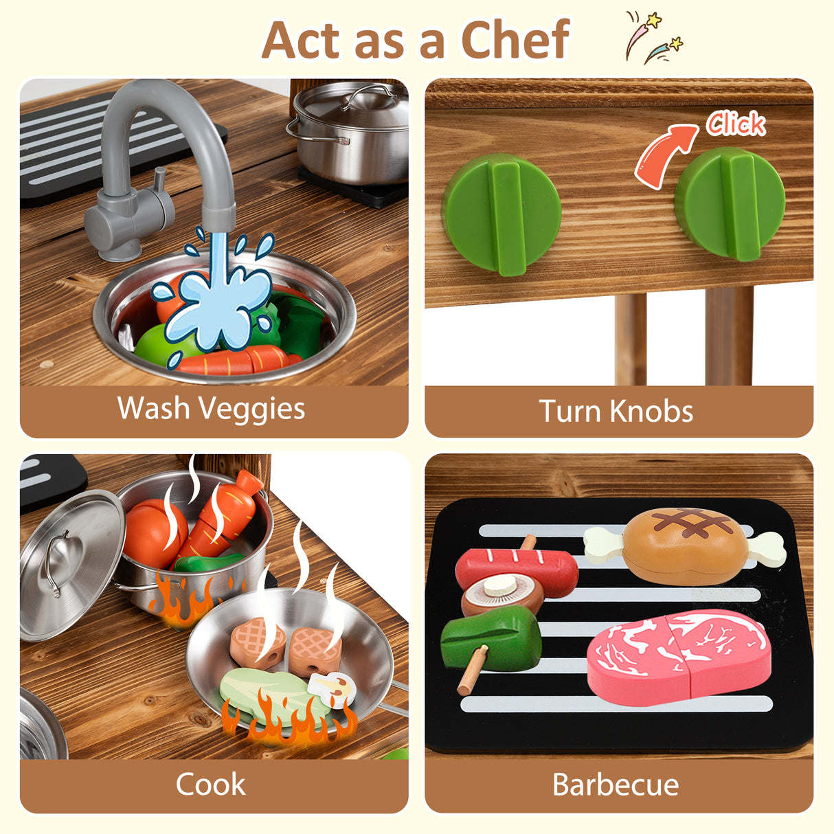 Double-Sided Mud Kitchen, Wooden Barbecue Grill Playset