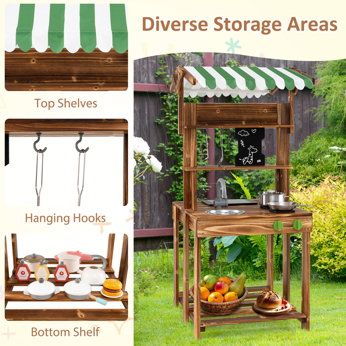 Double-Sided Mud Kitchen, Wooden Barbecue Grill Playset