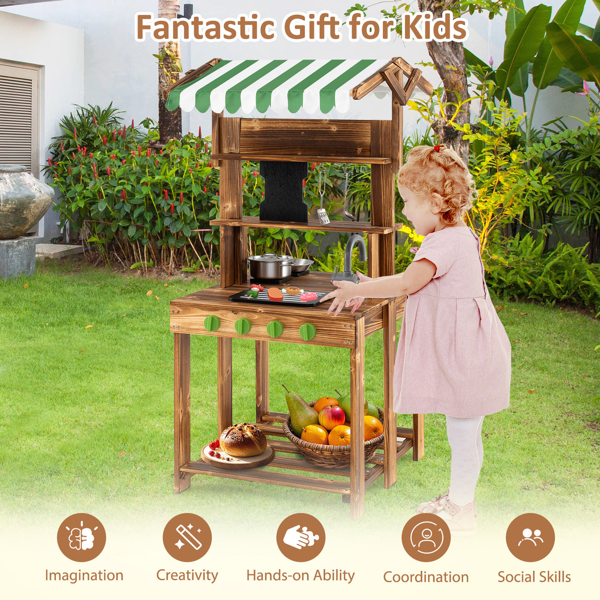 Double-Sided Mud Kitchen, Wooden Barbecue Grill Playset