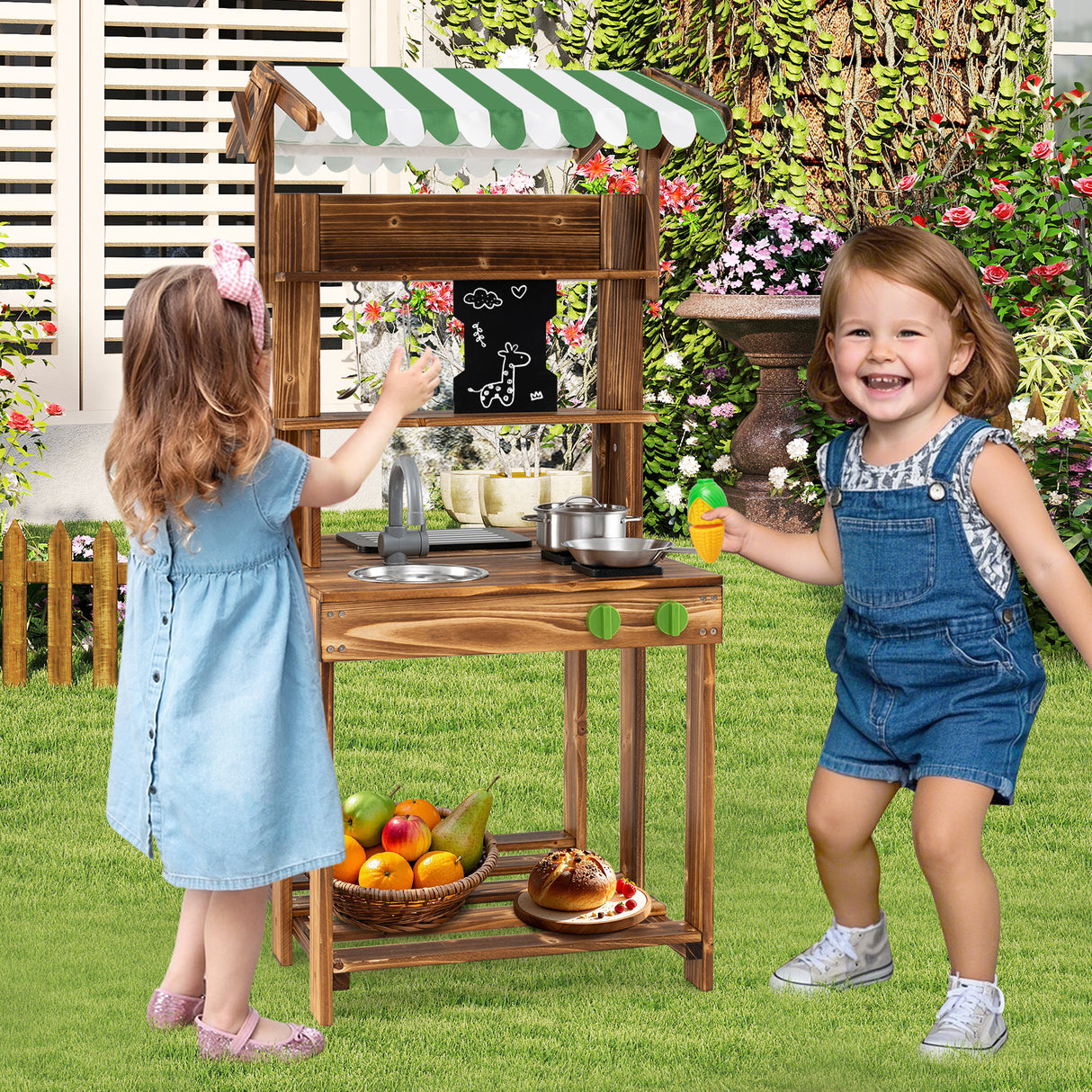 Double-Sided Mud Kitchen, Wooden Barbecue Grill Playset