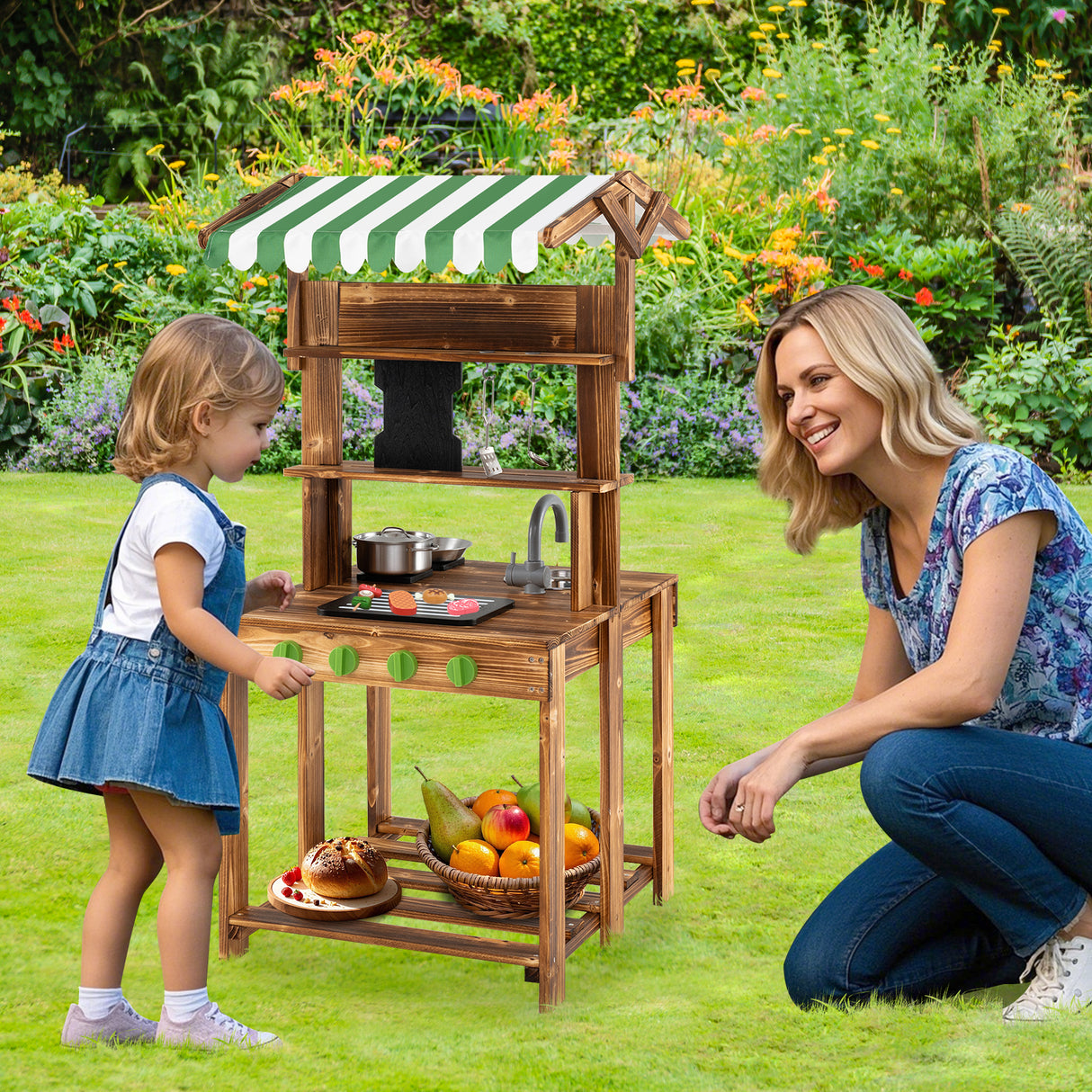 Double-Sided Mud Kitchen, Wooden Barbecue Grill Playset
