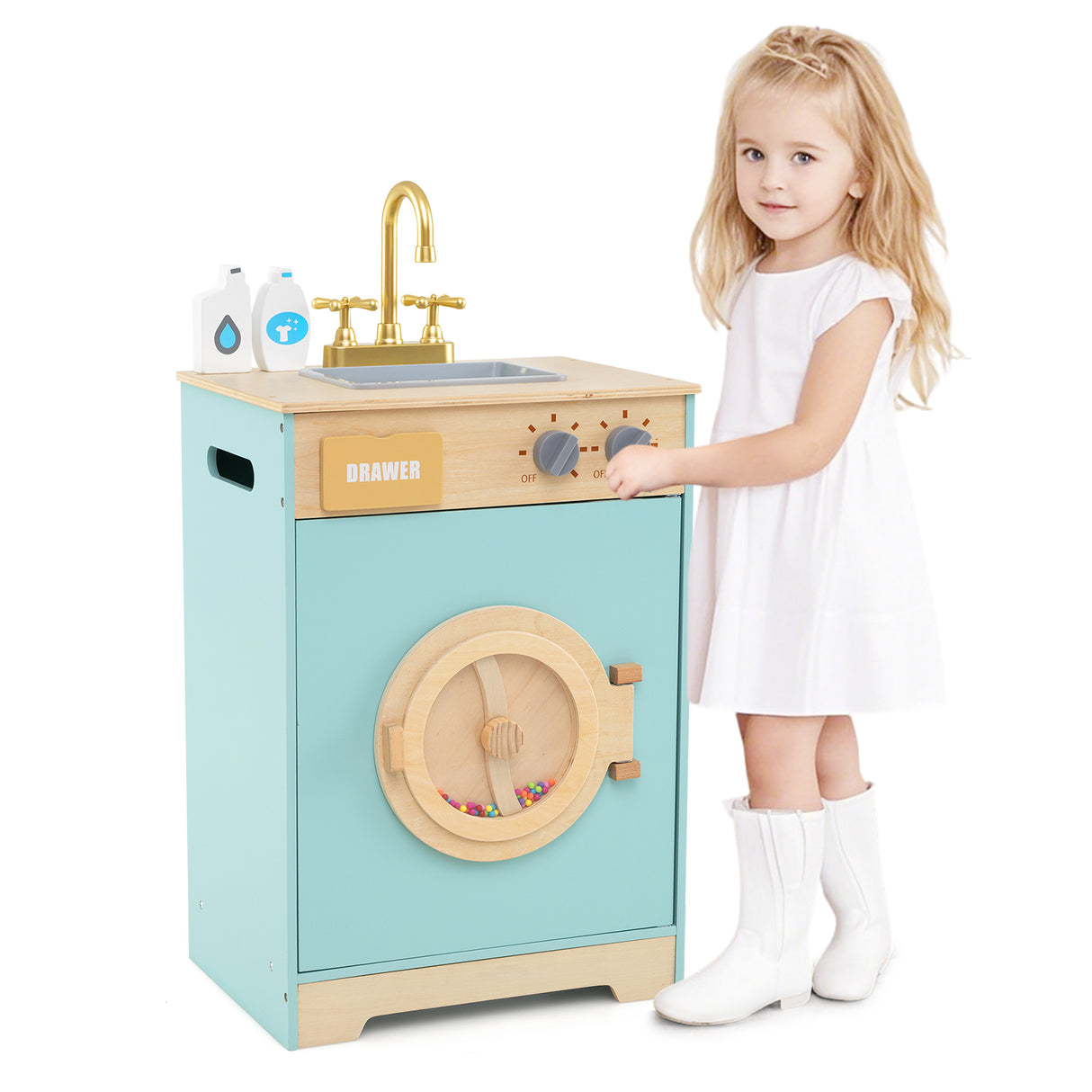 Kids Washer Playset, Toy Washing Machine with Laundry Detergent & Hand Sanitizer