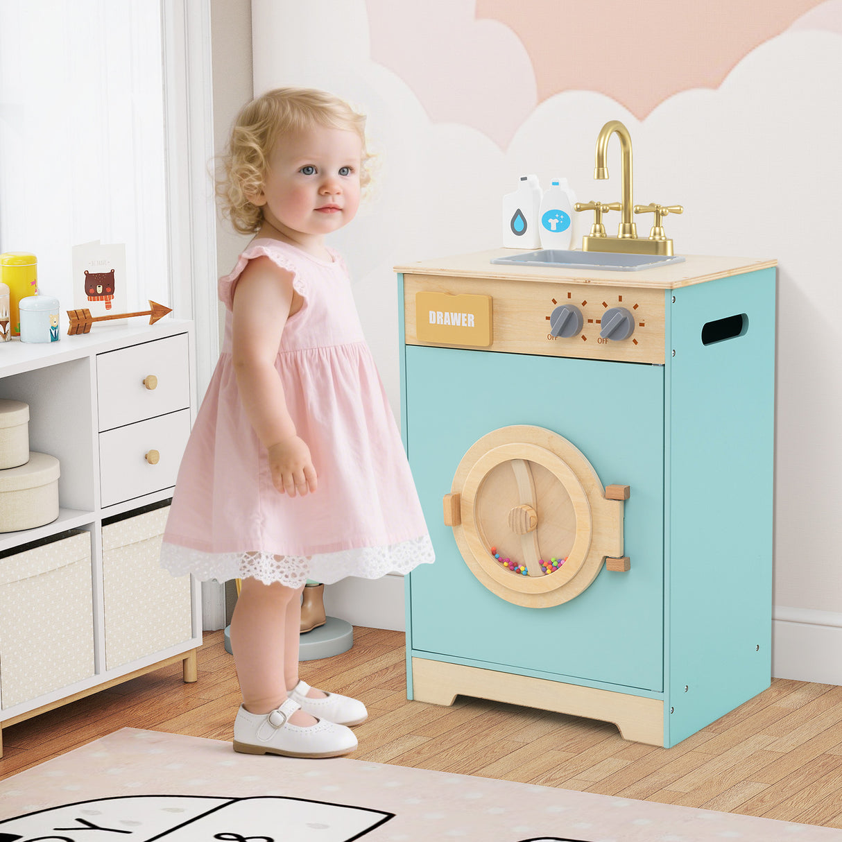 Kids Washer Playset, Toy Washing Machine with Laundry Detergent & Hand Sanitizer