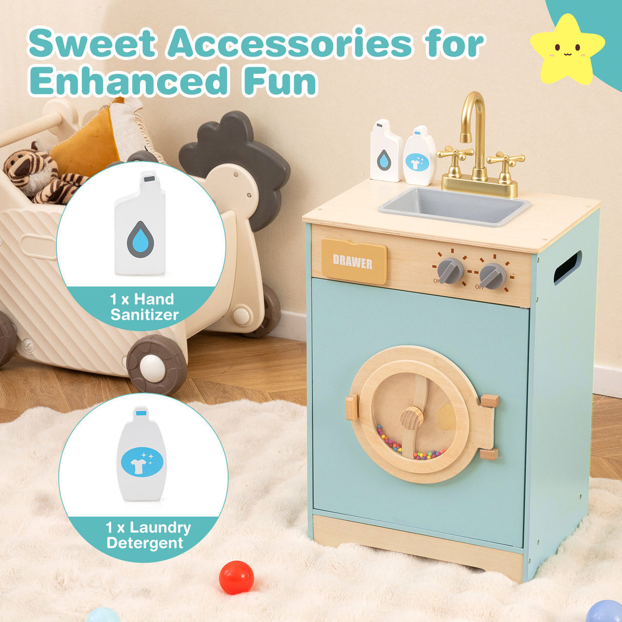 Kids Washer Playset, Toy Washing Machine with Laundry Detergent & Hand Sanitizer