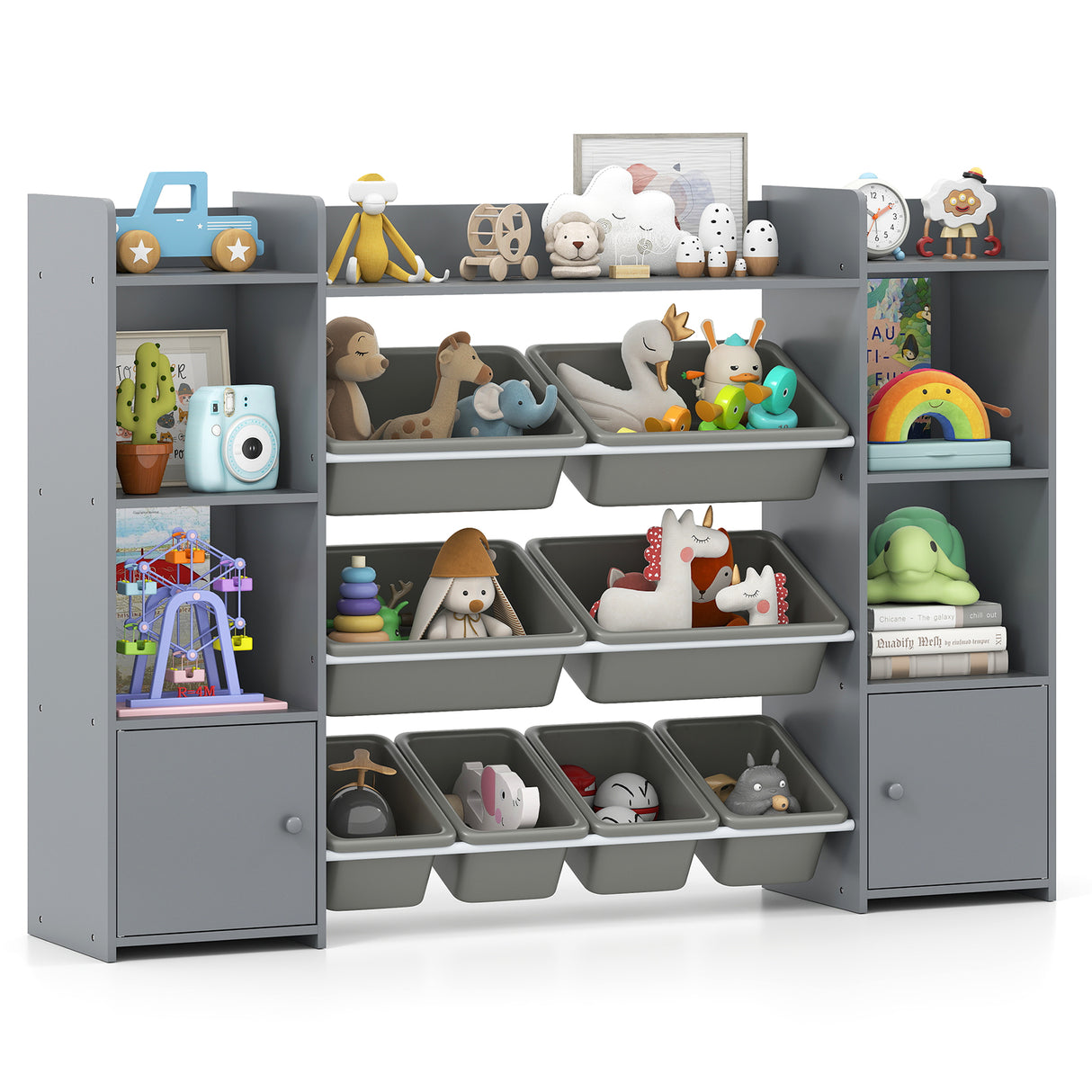 Gray toy storage shelf with various toys on a white background