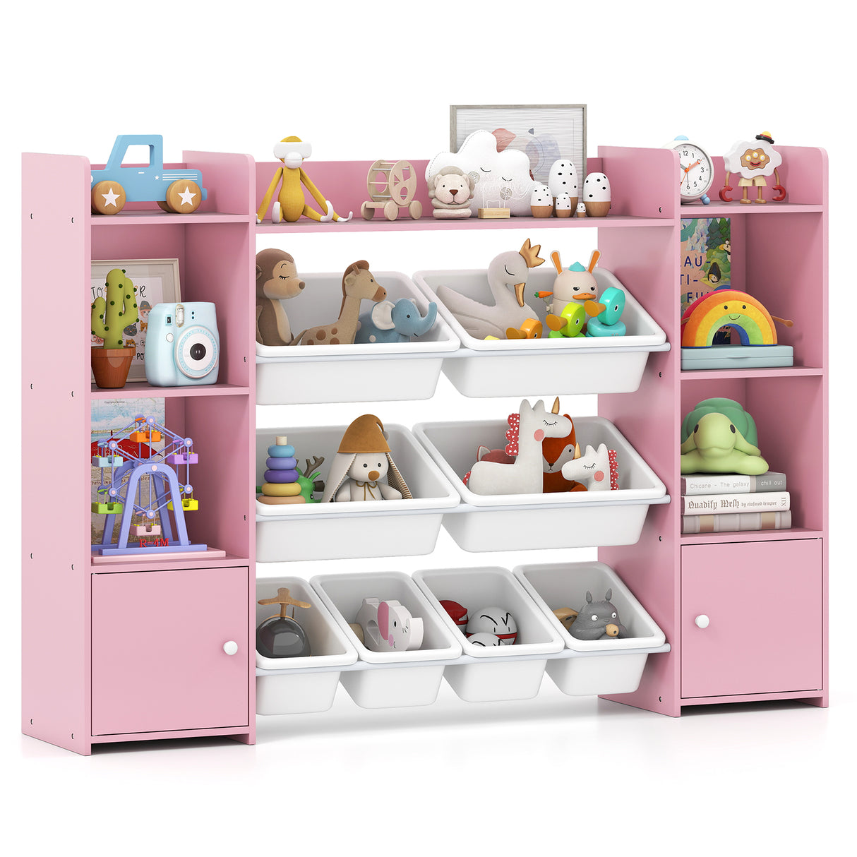Pink and white toy storage shelf with various toys on a white background