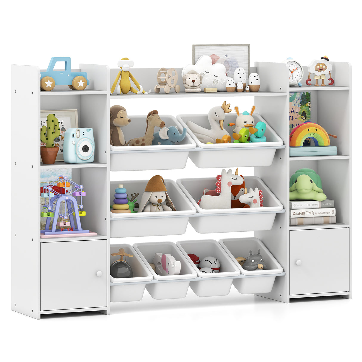 White toy storage shelf with various toys and bins on a white background