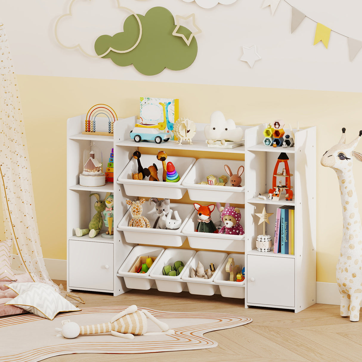 White children's bookshelf filled with toys and books in a room with a yellow wall and wooden floor.