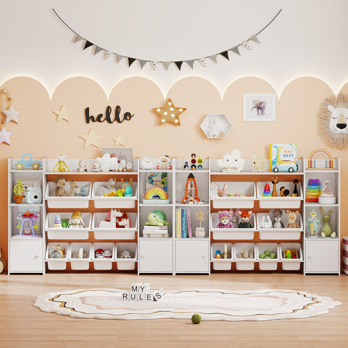 Children's playroom with shelves filled with toys and decorations on a beige wall.