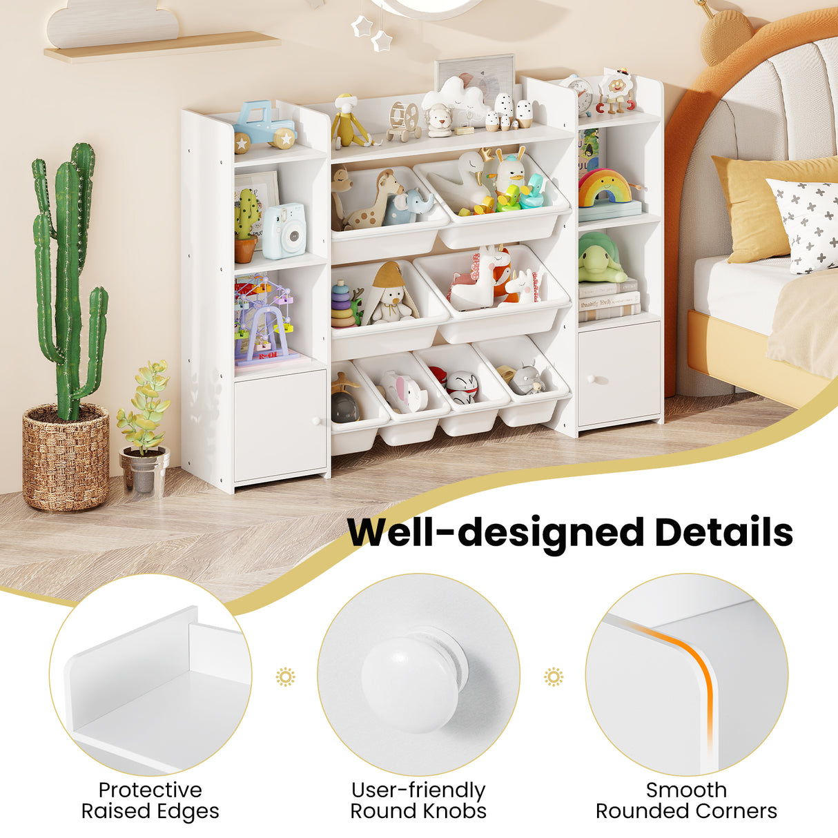 White storage shelves with toys in a child's room, highlighting design features.