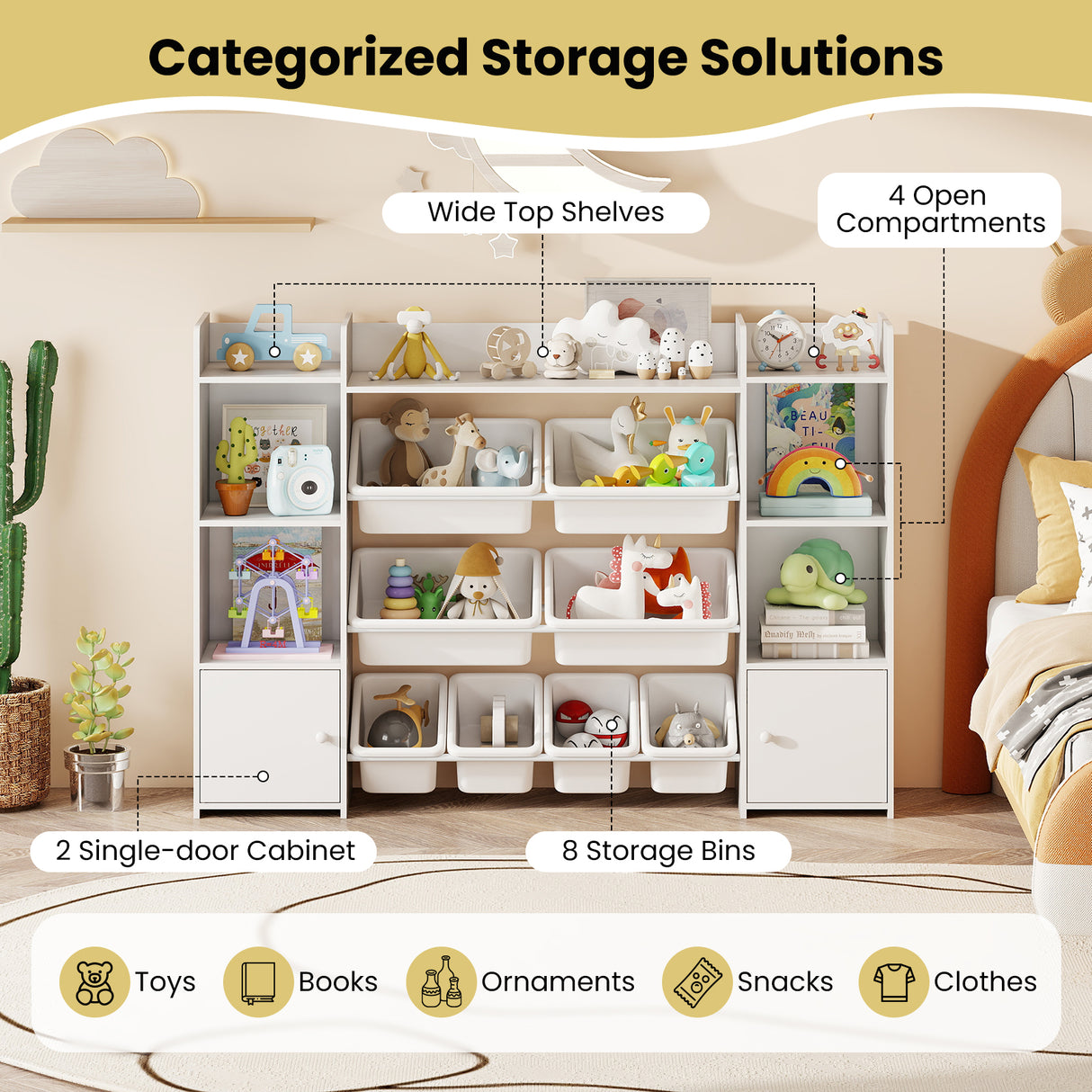 Storage solution with wide top shelves, open compartments, single-door cabinet, and storage bins labeled for various items.