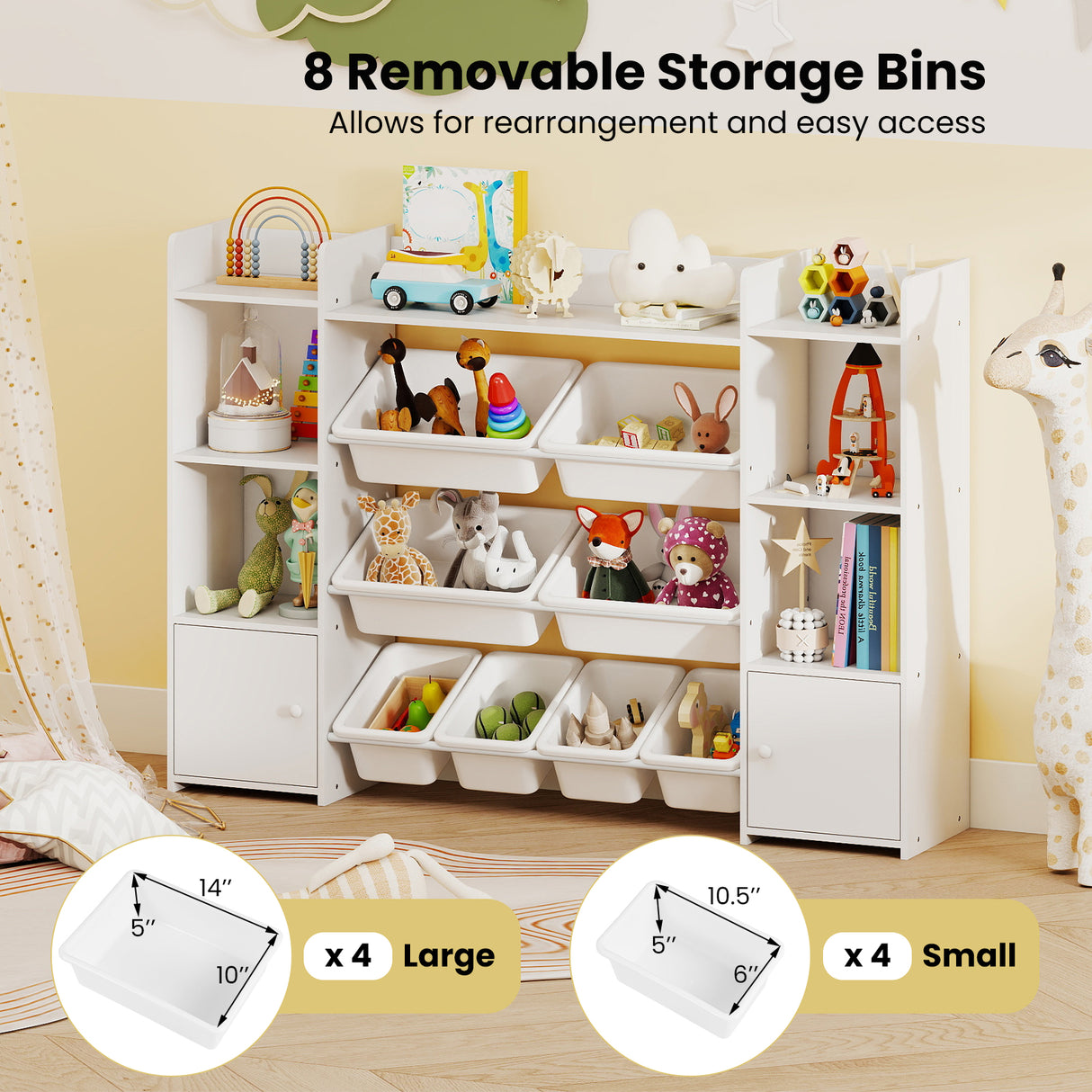 White storage shelf with removable bins filled with toys and books, labeled with dimensions and storage capacity.