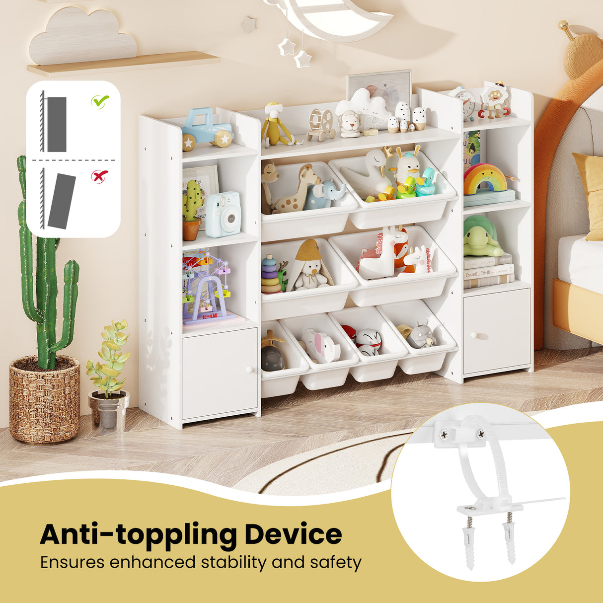 White toy storage shelf with various toys and an anti-toppling device in a room setting.