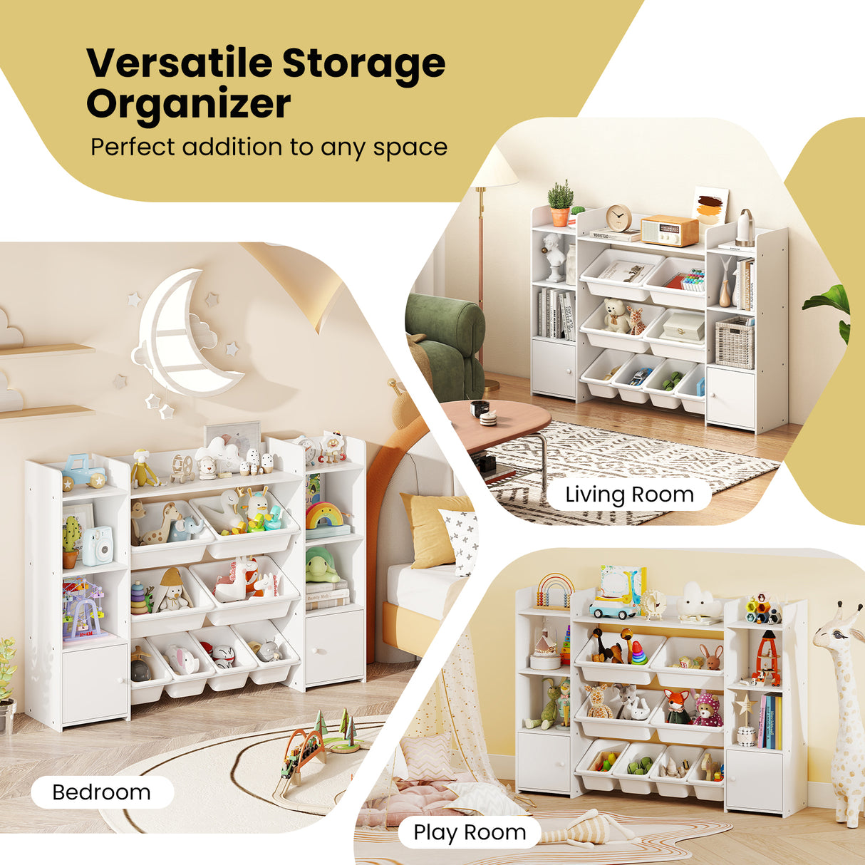 Versatile storage organizer in various rooms with text overlay.