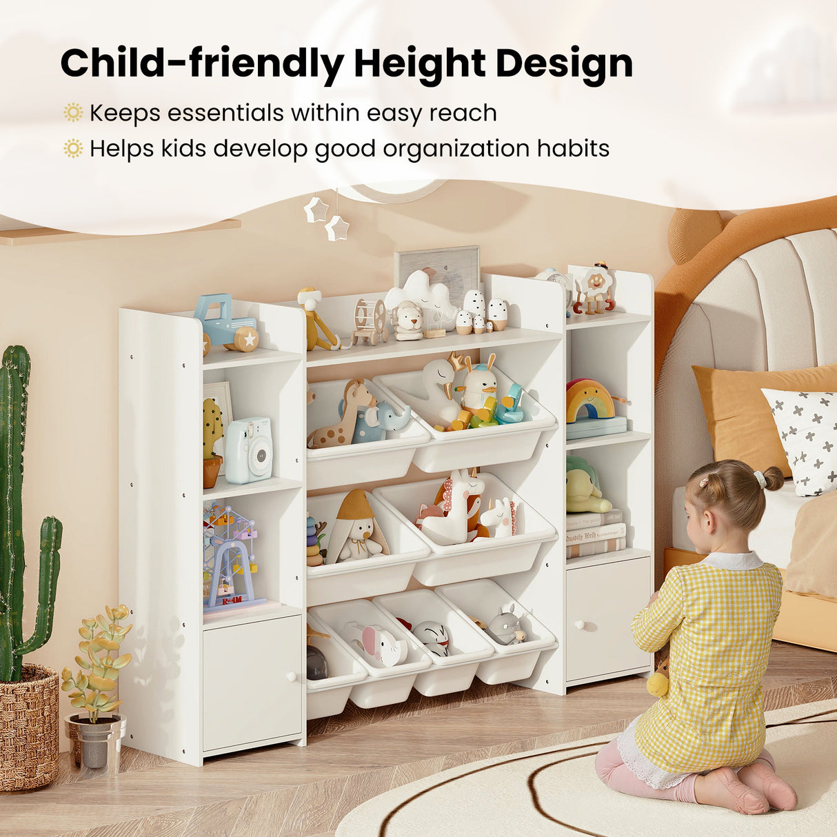 Children's storage unit with toys and a child sitting on the floor, emphasizing child-friendly height design.
