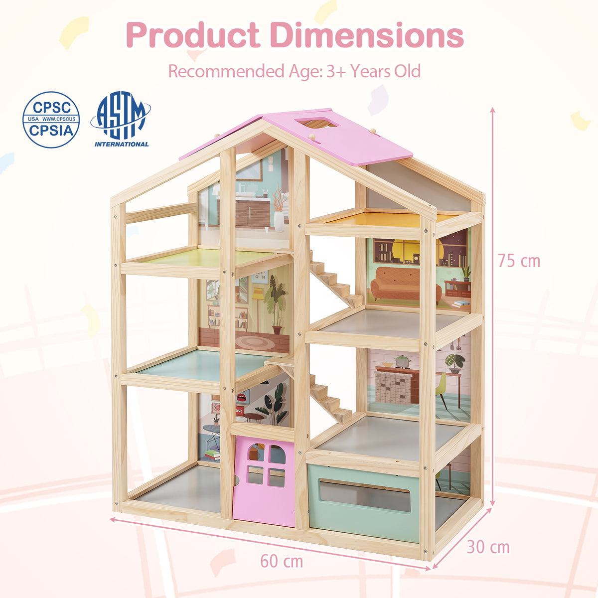 Wooden Dollhouse for Kids, Modern Family Pretend Playhouse w/Furniture Pieces & Figures