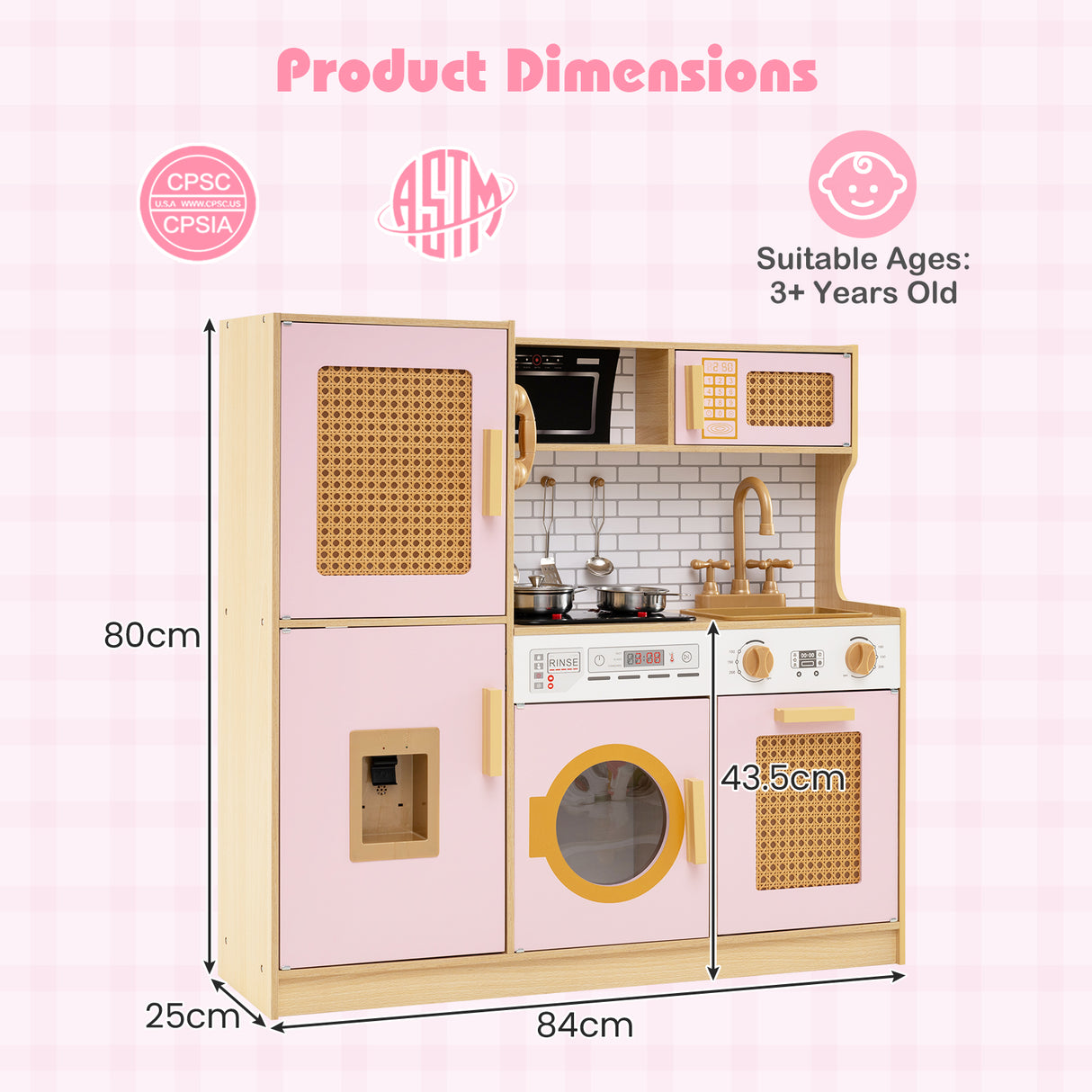Children's play kitchen set with dimensions and safety certification logos on a pink background