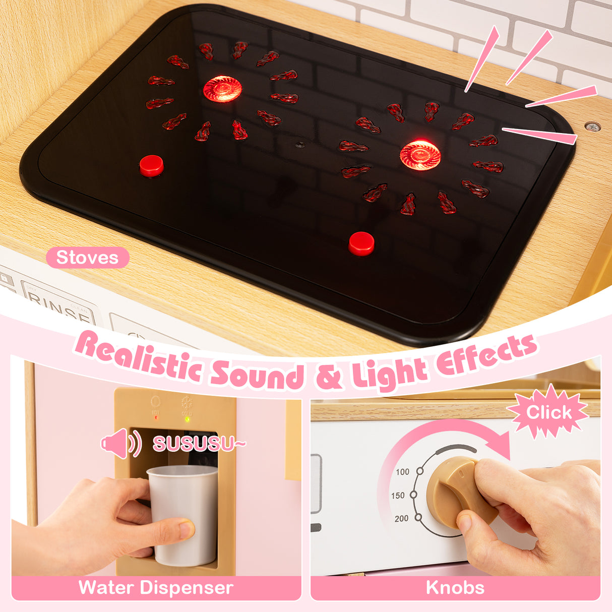 Electric stove toy with realistic sound and light effects, water dispenser, and knobs on a wooden surface.