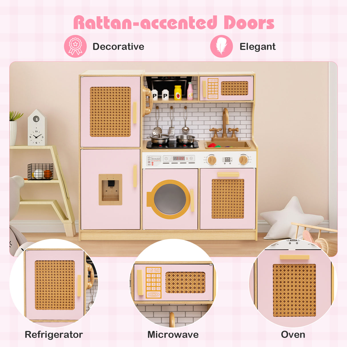 Children's play kitchen set with rattan-accented doors on a pink background