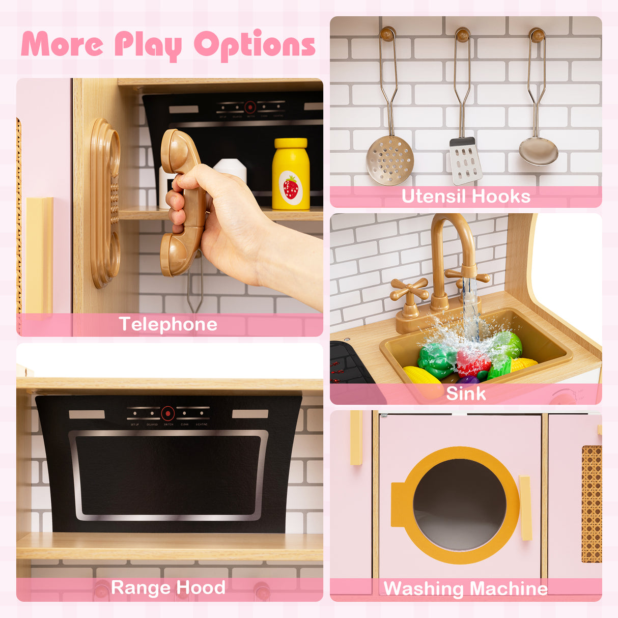 Collage of toy kitchen playset features including telephone, range hood, sink, and washing machine.