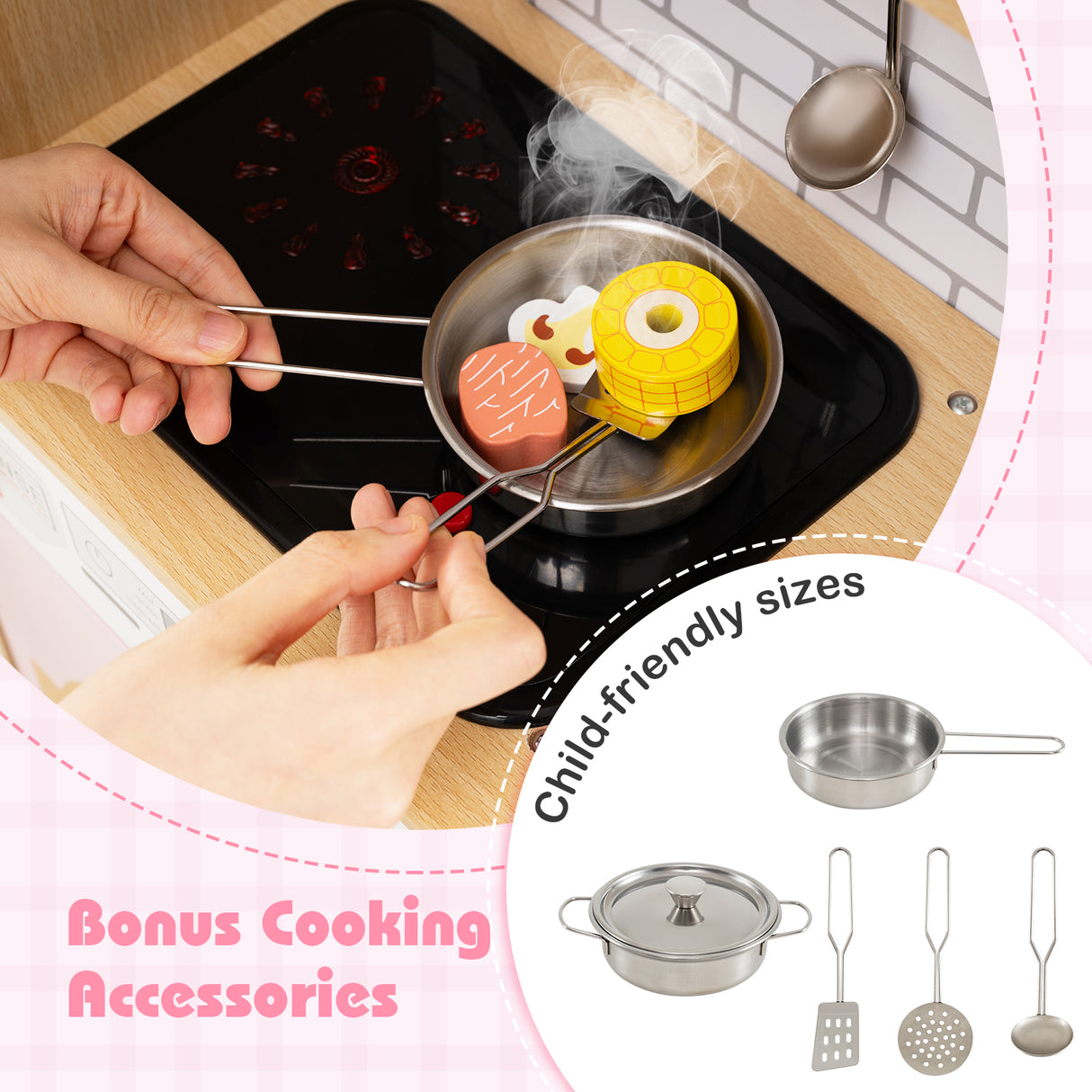 Child playing with toy cookware on a stove, with additional cooking accessories shown.