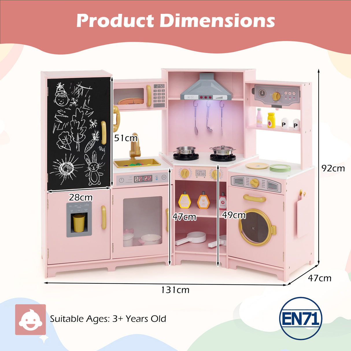 Corner Wooden Play Kitchen, Toy Kitchen Playset with Storage for Children 3+ Years Old