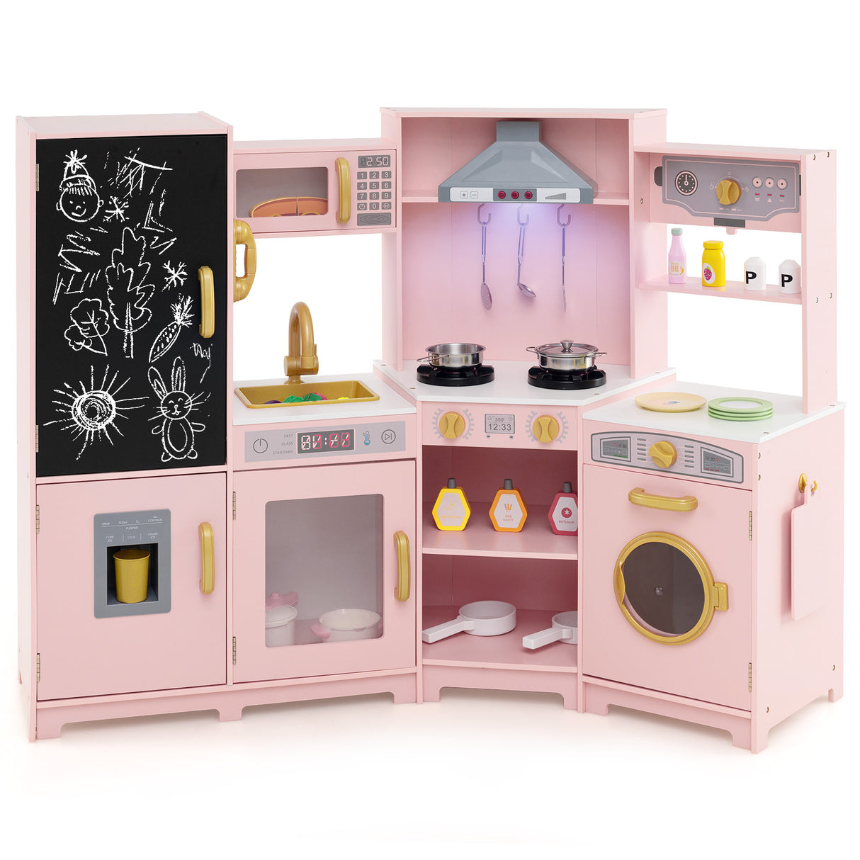 Corner Wooden Play Kitchen, Toy Kitchen Playset with Storage for Children 3+ Years Old