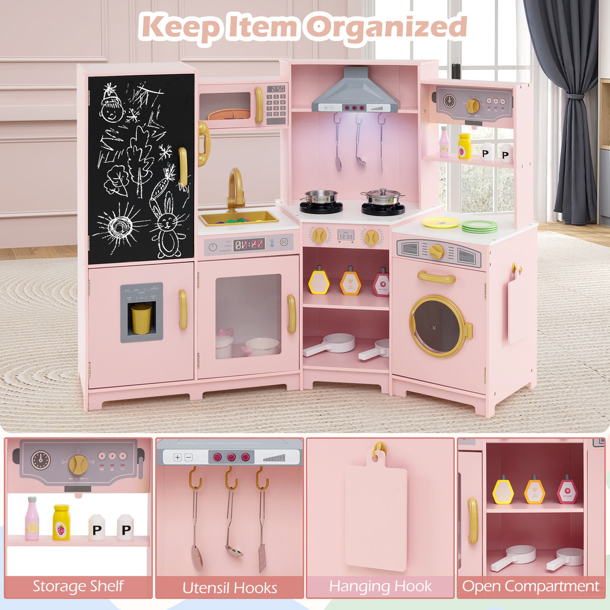 Corner Wooden Play Kitchen, Toy Kitchen Playset with Storage for Children 3+ Years Old