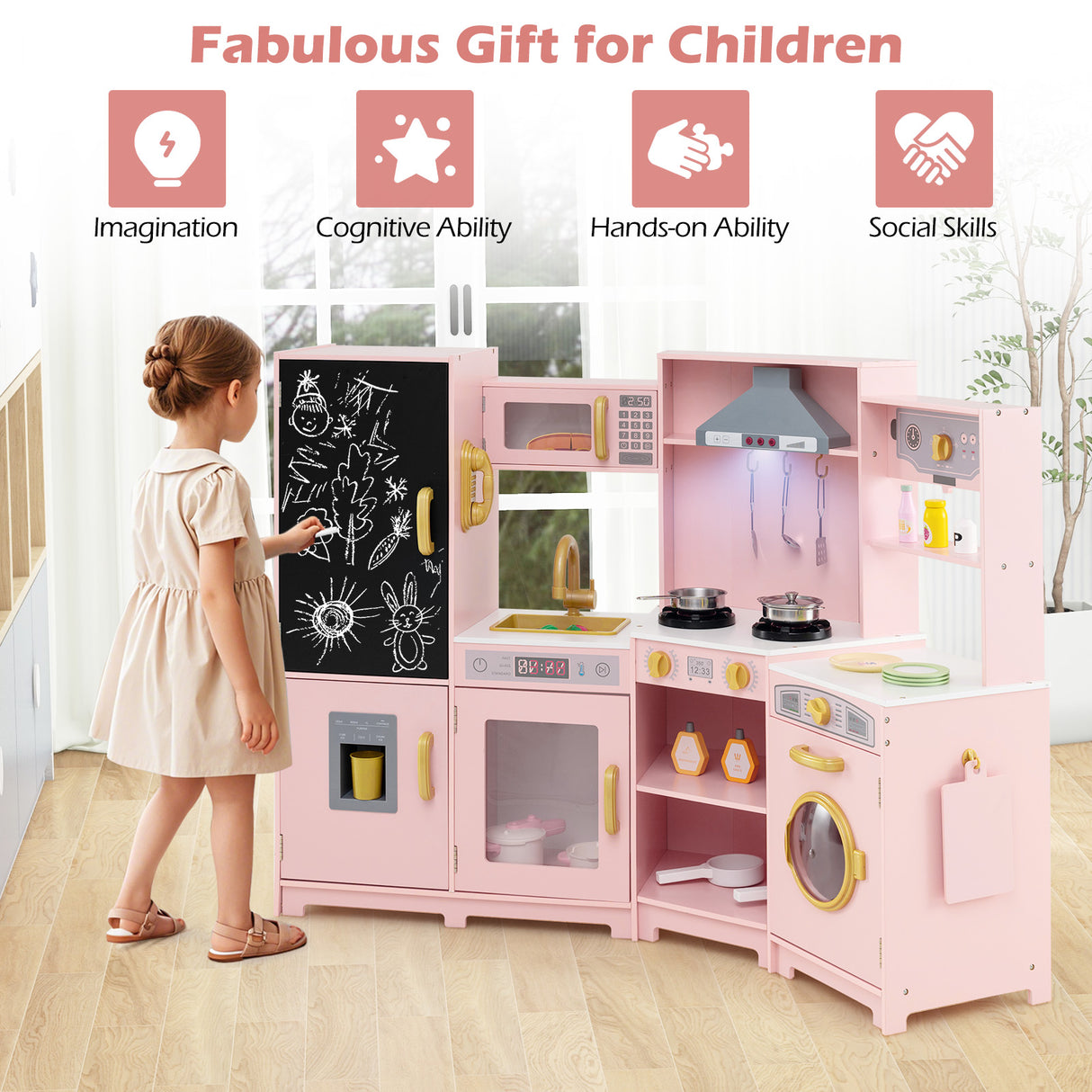 Corner Wooden Play Kitchen, Toy Kitchen Playset with Storage for Children 3+ Years Old