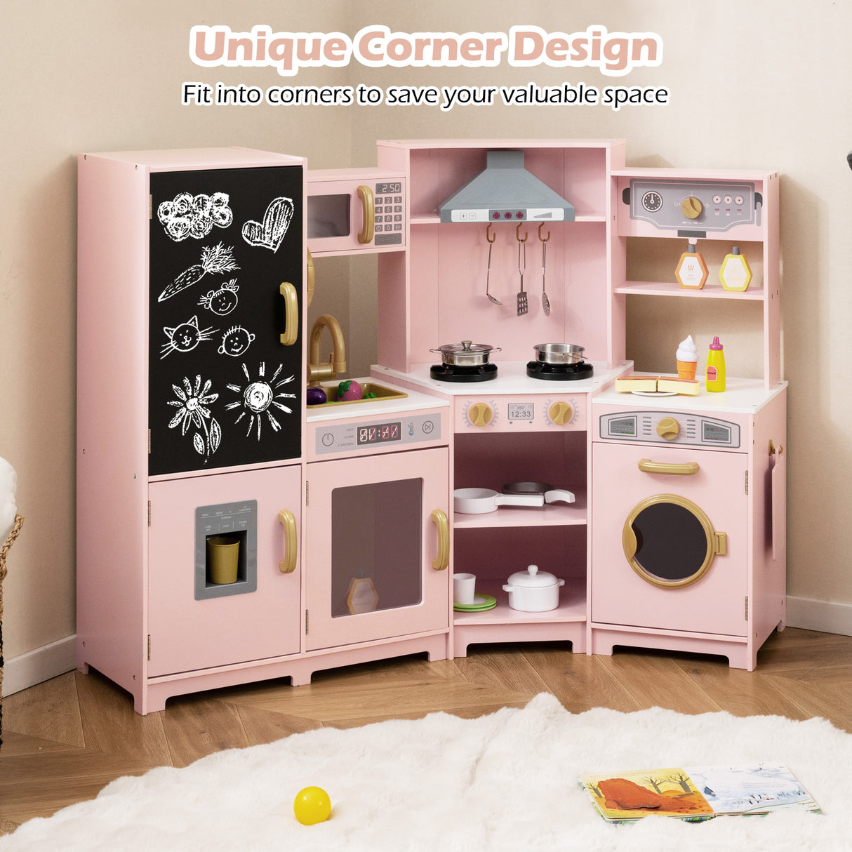 Corner Wooden Play Kitchen, Toy Kitchen Playset with Storage for Children 3+ Years Old