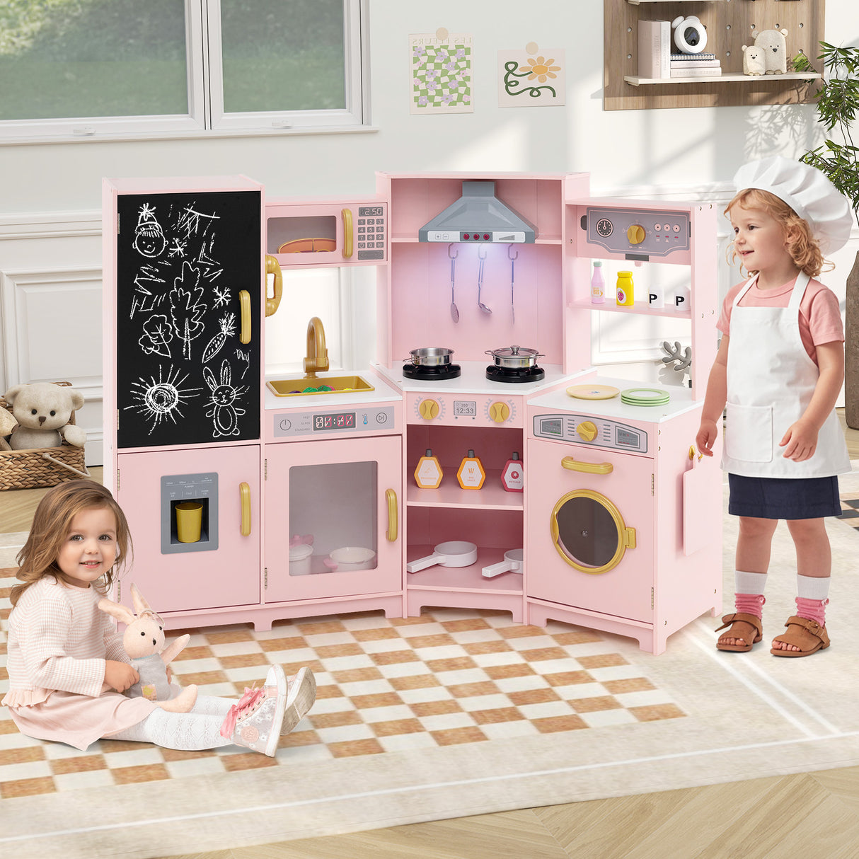 Corner Wooden Play Kitchen, Toy Kitchen Playset with Storage for Children 3+ Years Old