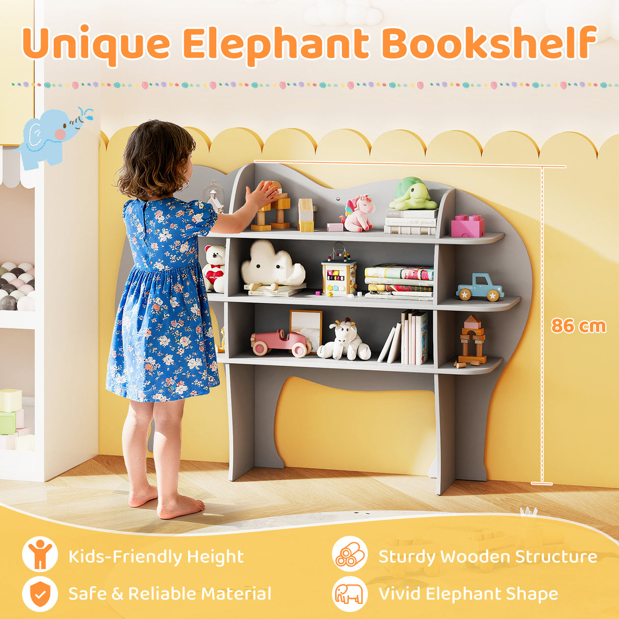 Elephant Kids Bookshelf, 3-Tier Toddler Bookcase for Toy Storage