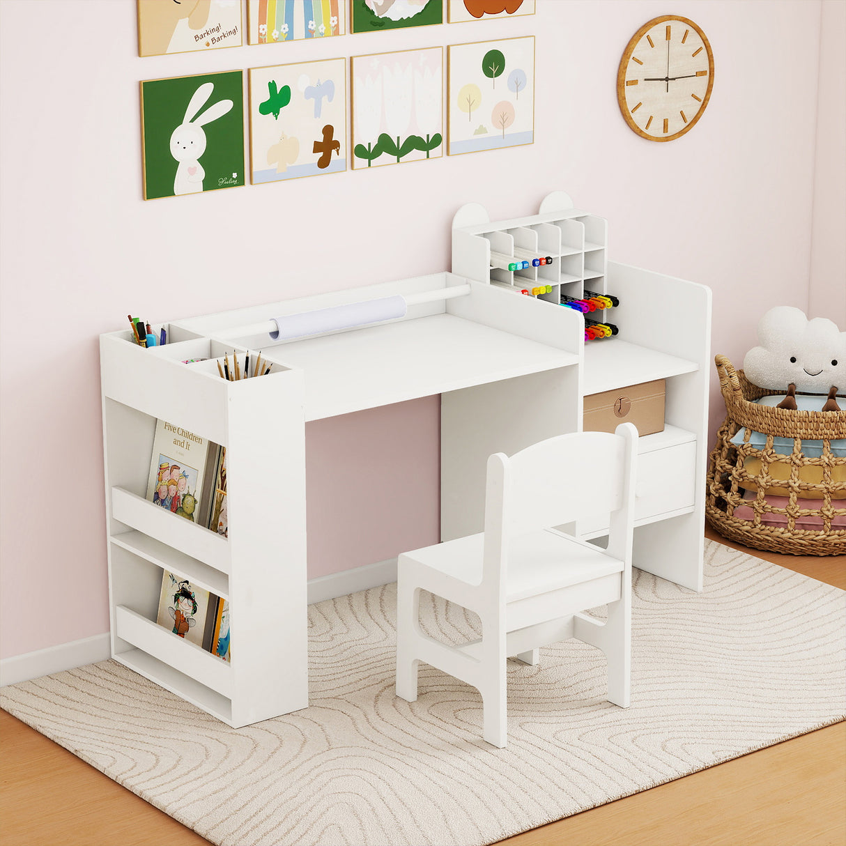 Kids Art Table & Chair Set, Toddler Painting Desk w/Detachable Paper Roll Holder & Cubby Cabinet